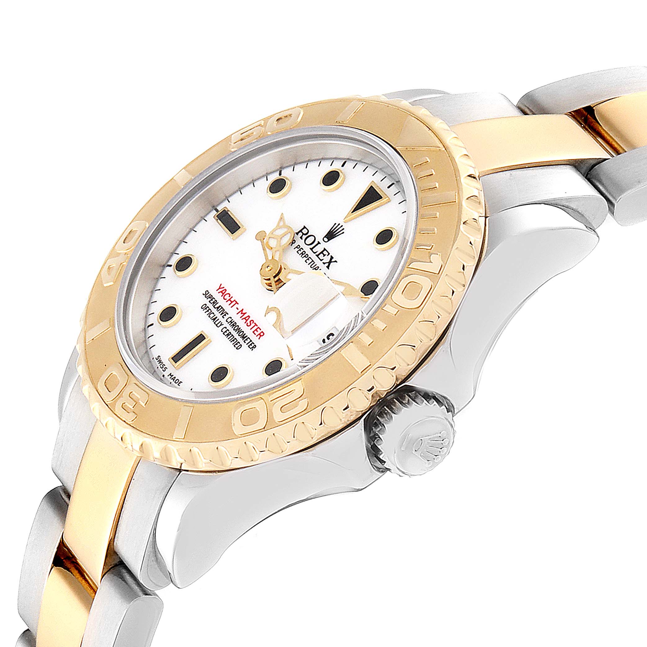 This image shows a side angle of the Rolex Yacht-Master 169623 Women's Steel and Gold (two tone) White Dial 169623 Women's Steel and Gold (two tone) White Dial watch, focusing on the bezel, dial, and part of the bracelet.