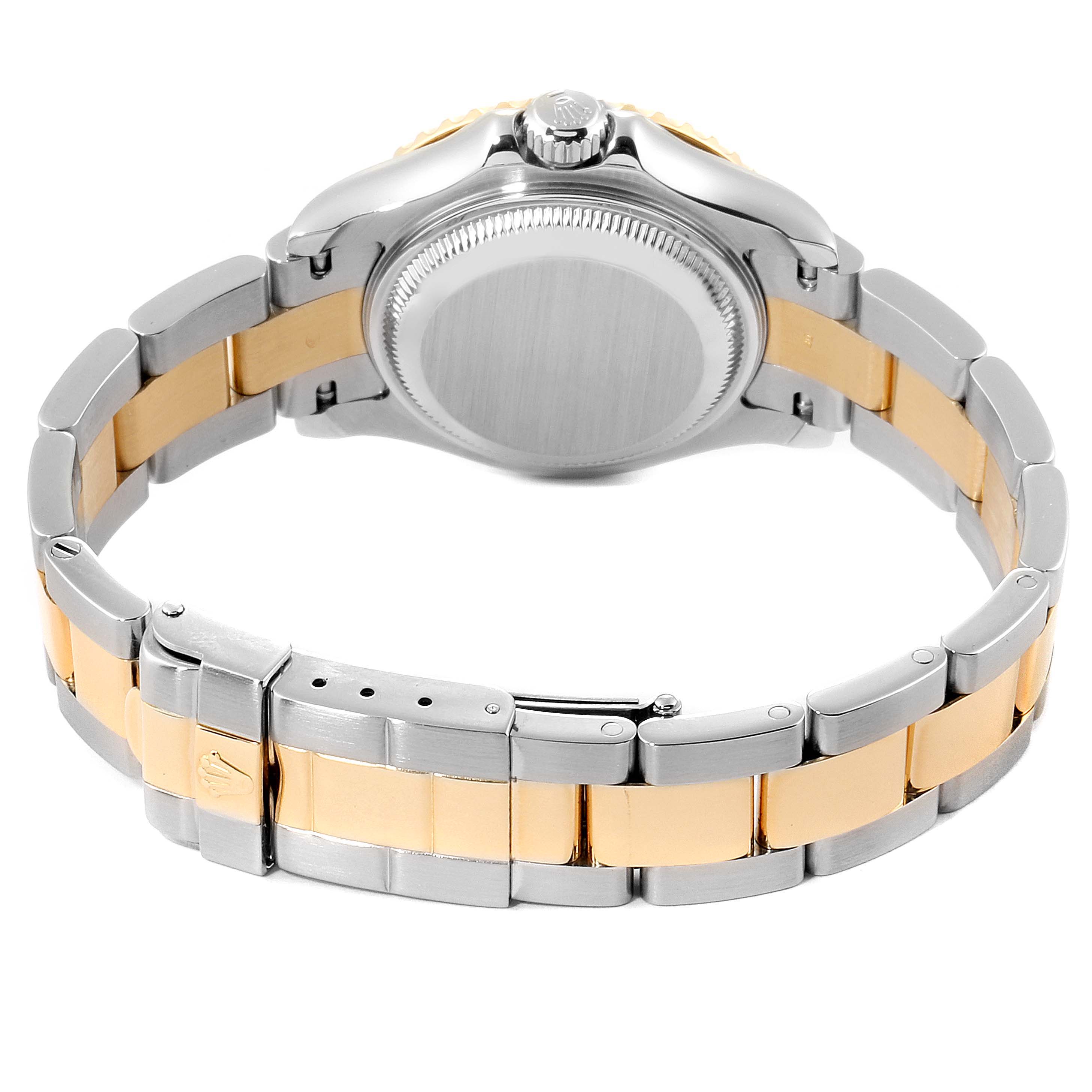 This image shows the back view of a Rolex Yacht-Master 169623 Women's Steel and Gold (two tone) White Dial 169623 Women's Steel and Gold (two tone) White Dial, focusing on the clasp, bracelet, and case back.