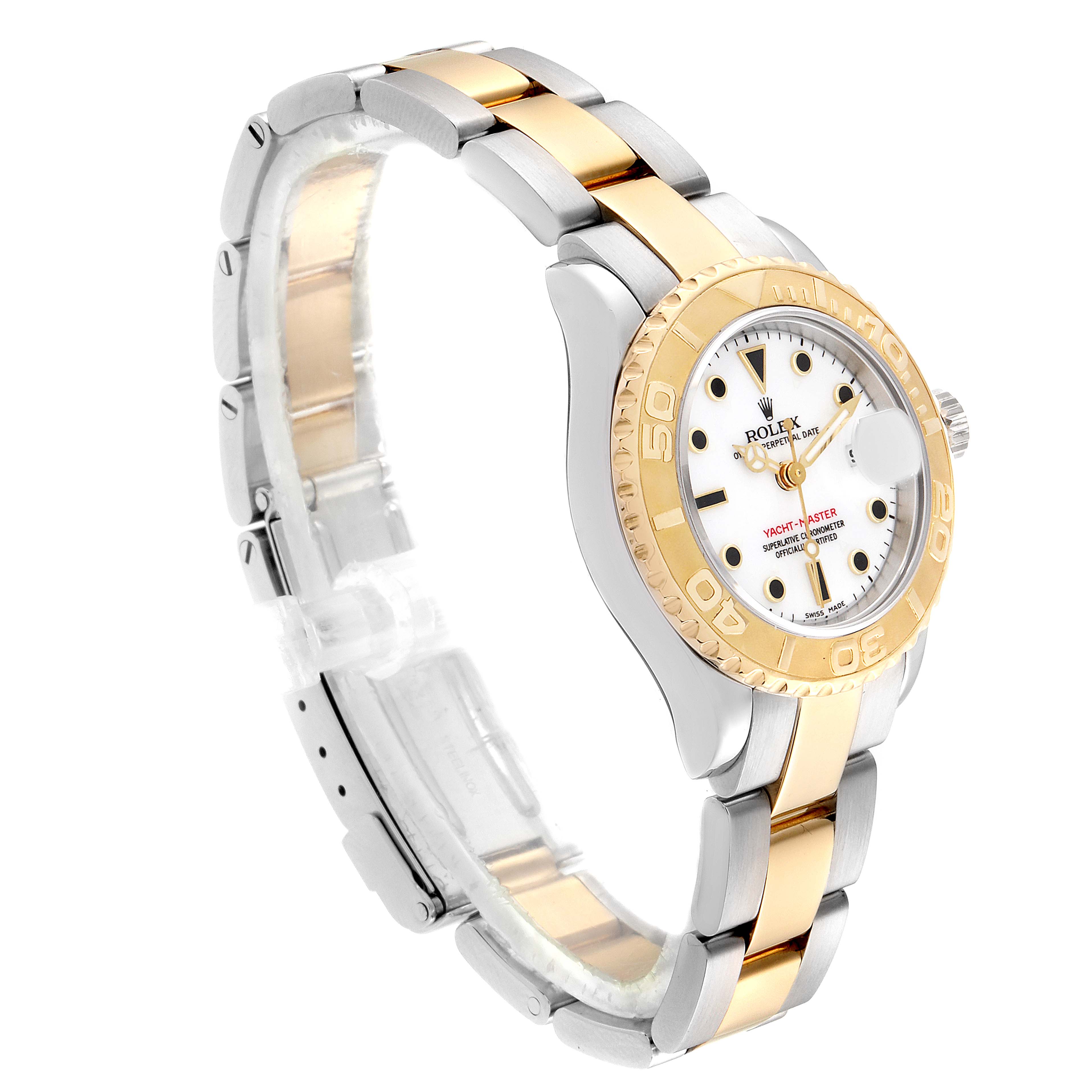 The Rolex Yacht-Master 169623 Women's Steel and Gold (two tone) White Dial 169623 Women's Steel and Gold (two tone) White Dial watch is shown at an angle displaying the face, bezel, and two-tone metal bracelet.