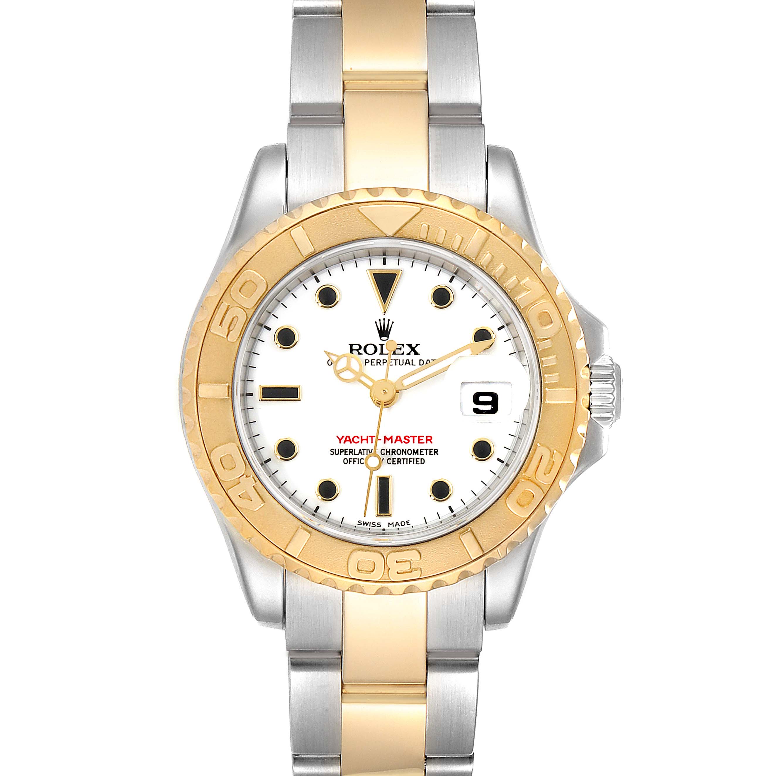 The Rolex Yacht-Master 169623 Women's Steel and Gold (two tone) White Dial 169623 Women's Steel and Gold (two tone) White Dial watch is shown from the front, highlighting the bezel, dial, hands, and bracelet.