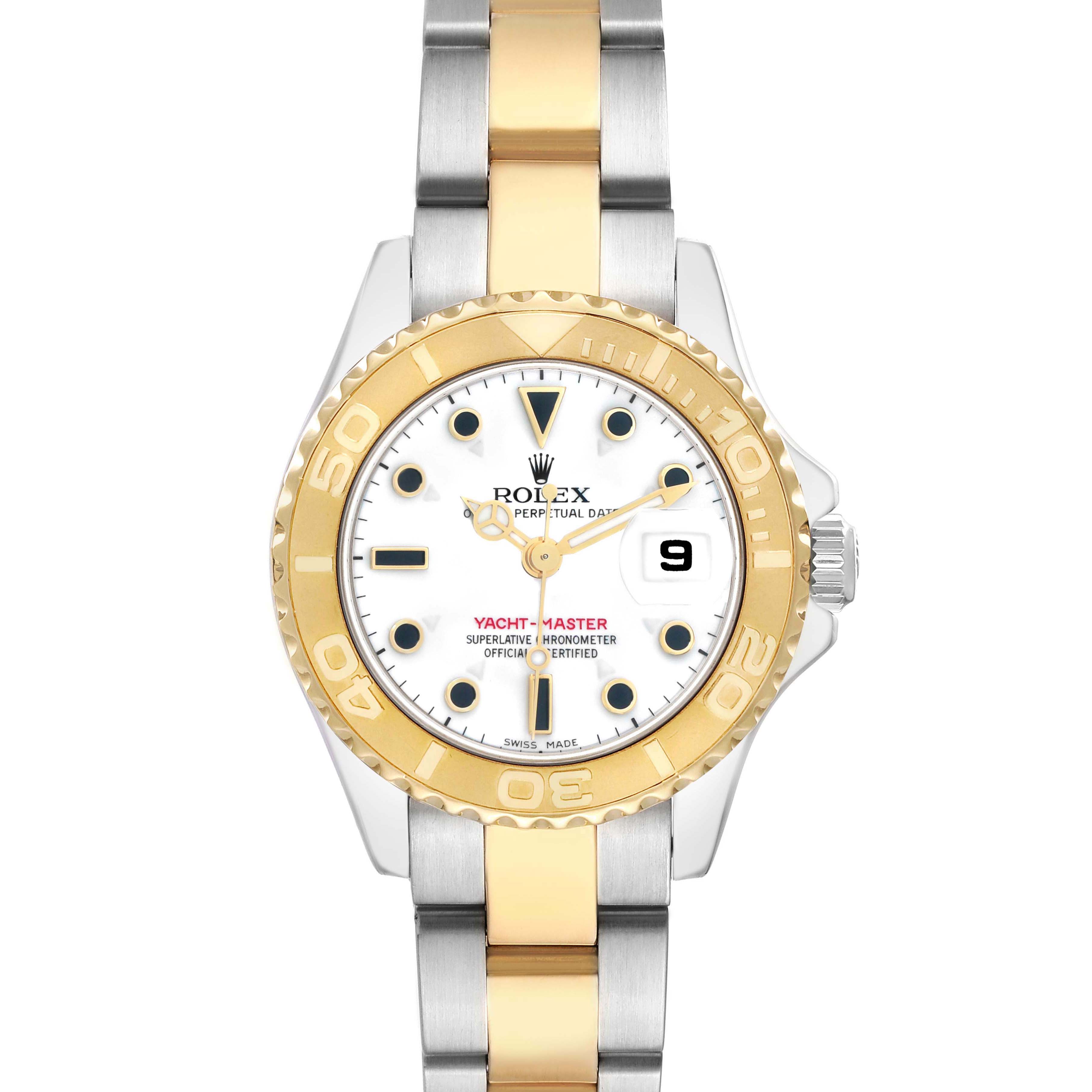 The image shows a front view of the Rolex Yacht-Master 169623 Women
s Steel and Gold (two tone) White Dial featuring a two-tone bracelet and a gold bezel.