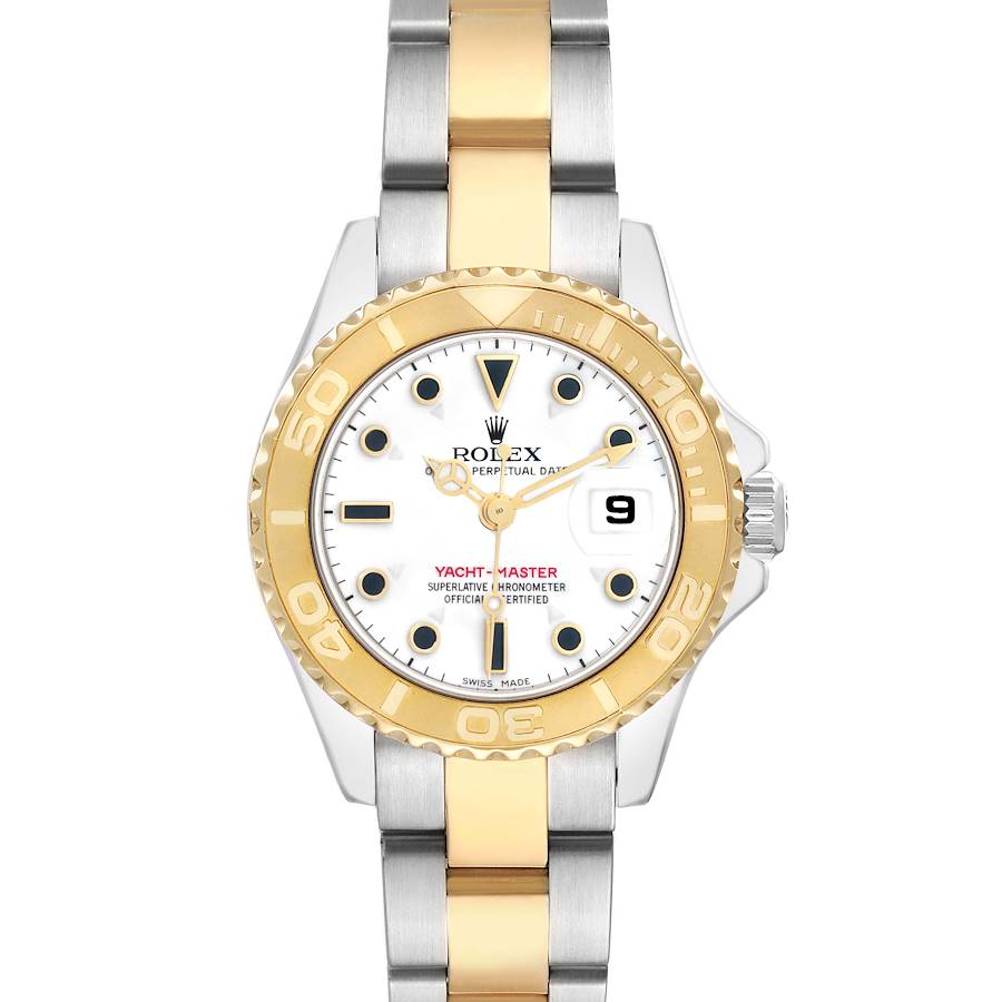 The image shows a front view of the Rolex Yacht-Master 169623 Women
s Steel and Gold (two tone) White Dial featuring a two-tone bracelet and a gold bezel.