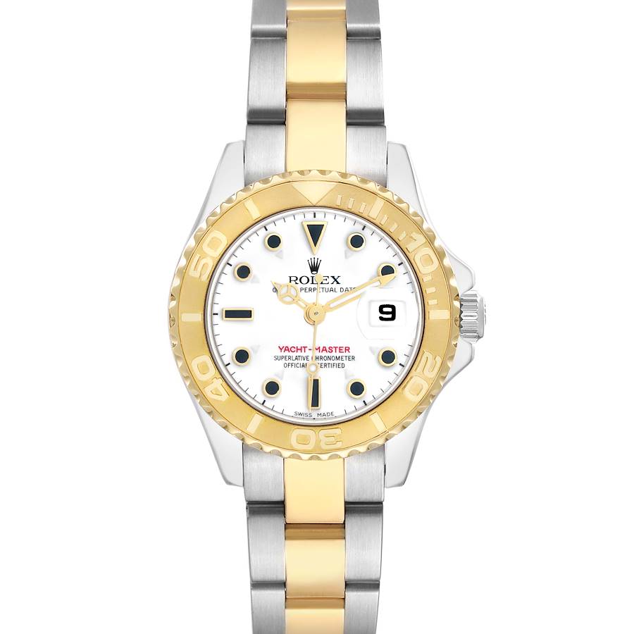 The Rolex Yacht-Master 169623 Women's Steel and Gold (two tone) White Dial watch is shown from a top-down angle, highlighting the face, bezel, and bracelet.