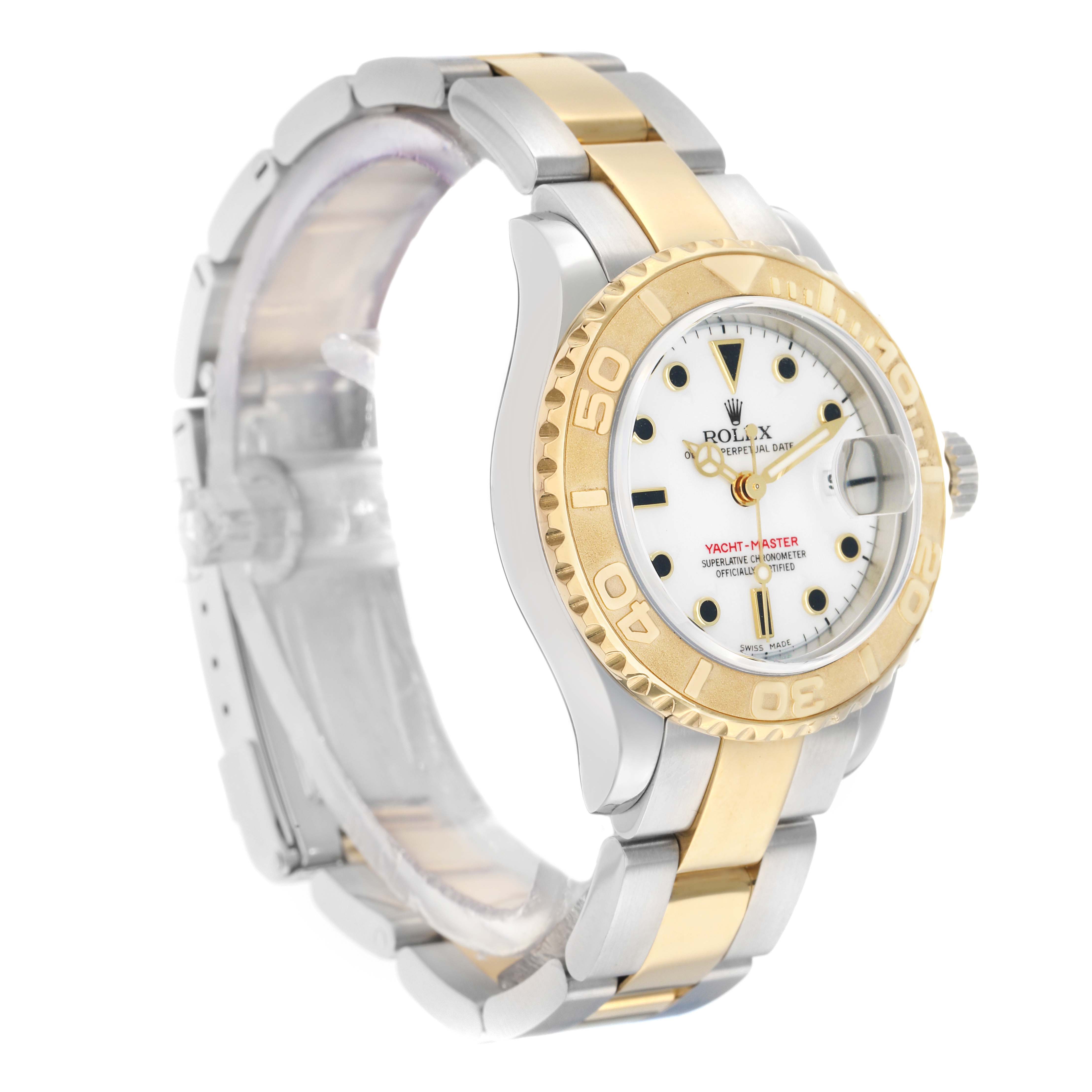 The Rolex Yacht-Master 169623 Women
s Steel and Gold (two tone) White Dial watch is shown at an angled side view, highlighting the gold bezel, crown, and two-tone bracelet.