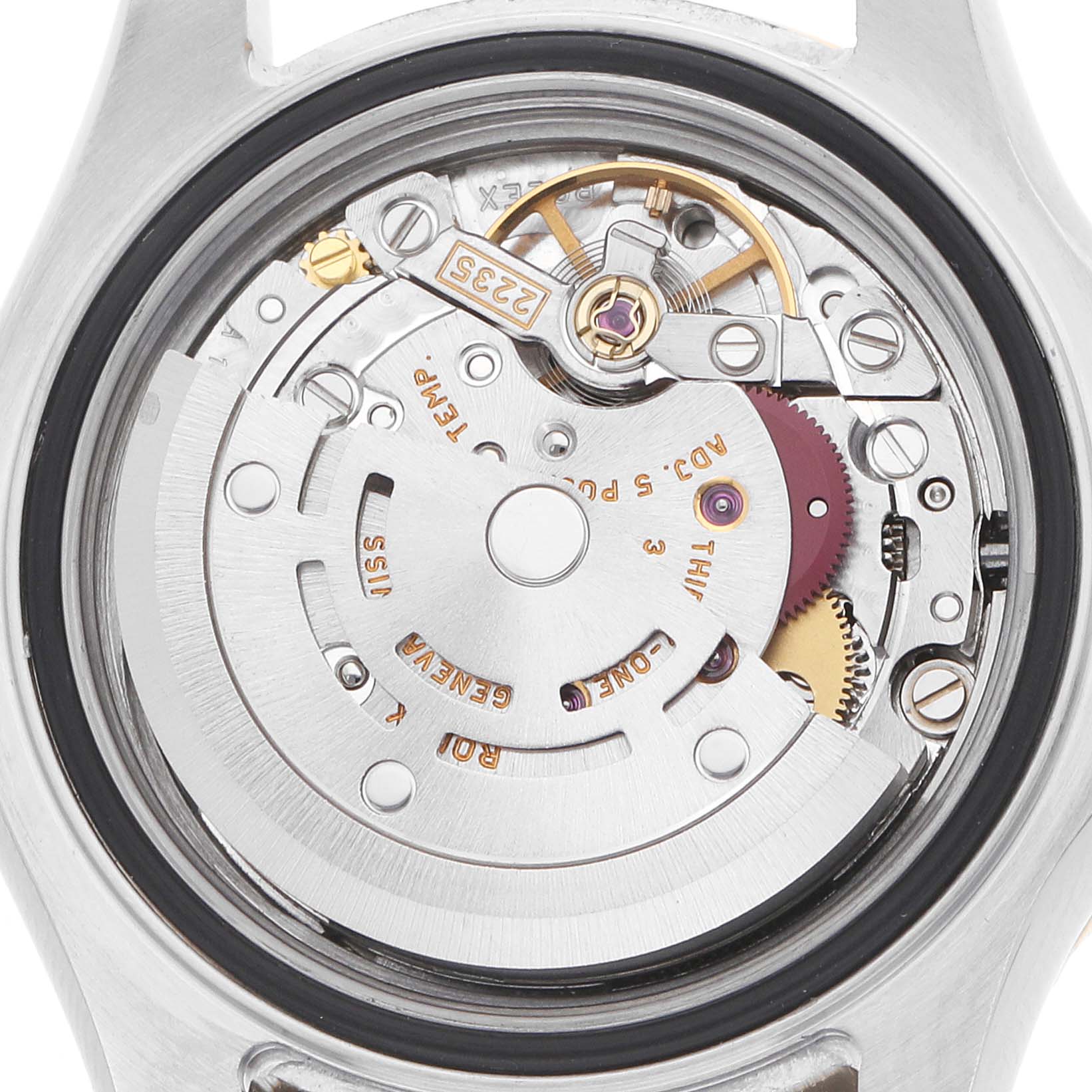 The image shows a close-up view of the movement mechanism of a Rolex Yacht-Master 169623 Women
s Steel and Gold (two tone) White Dial watch.