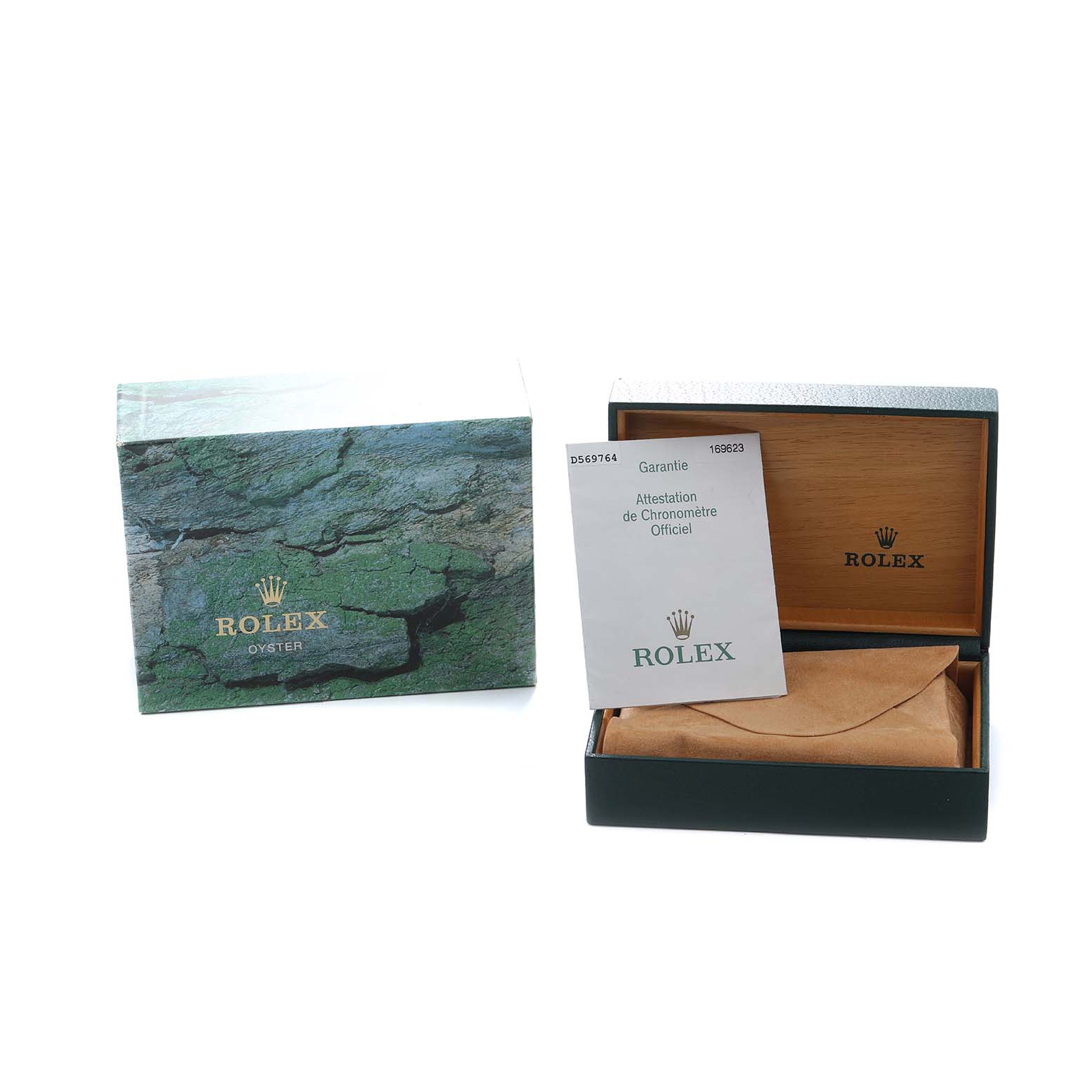 The image shows a Rolex Yacht-Master 169623 Women
s Steel and Gold (two tone) White Dial watch box, warranty card, and packaging from a front angle.