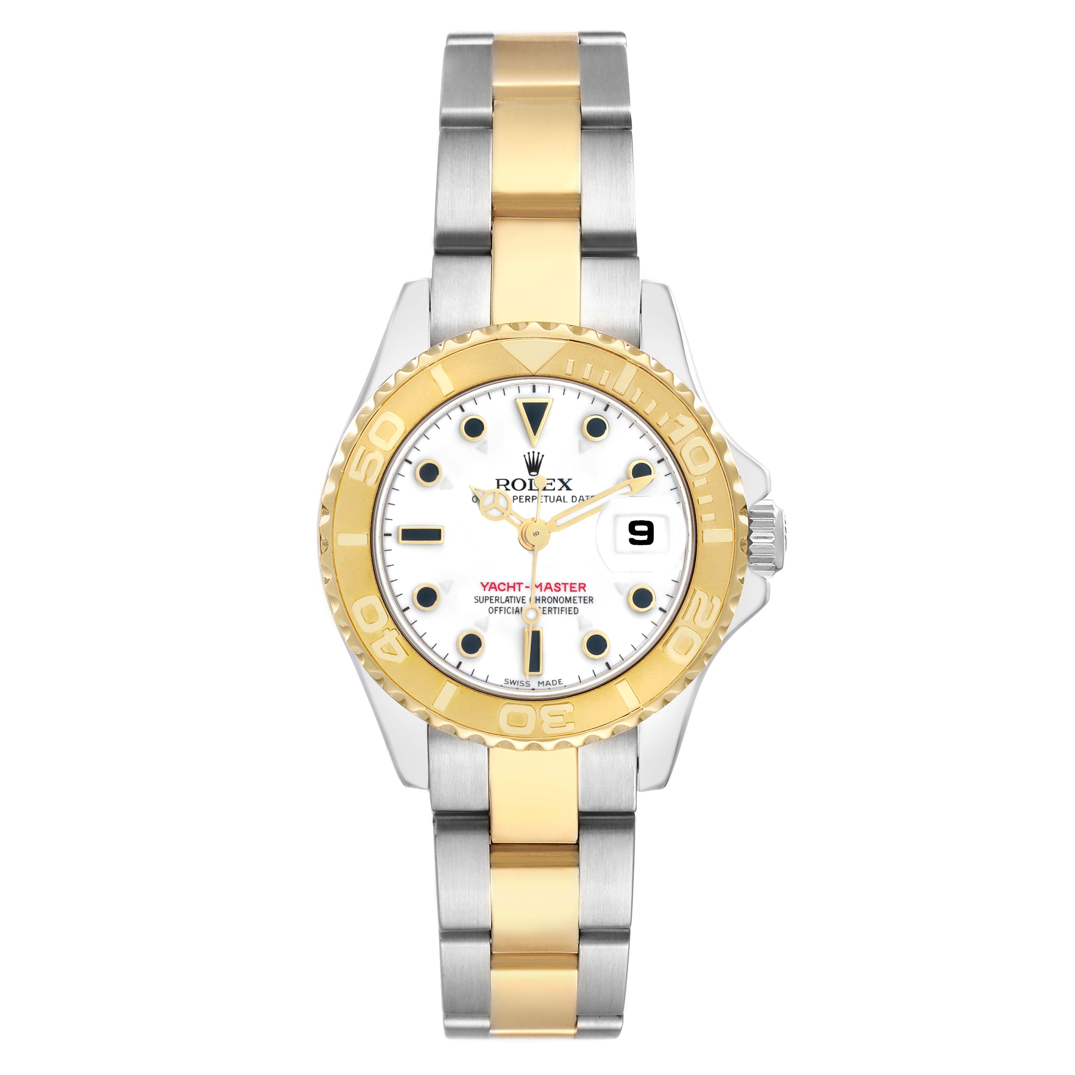 The Rolex Yacht-Master 169623 Women
s Steel and Gold (two tone) White Dial is shown from a top-down angle, highlighting the gold and silver bracelet, white dial, and gold bezel.