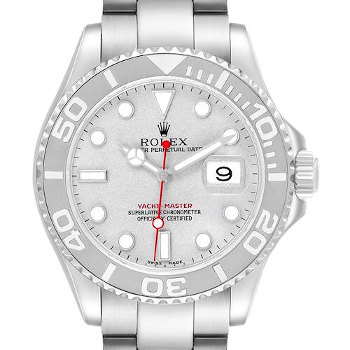 The Rolex Yacht-Master 16622 Men's Stainless Steel Silver Dial is shown from a front angle, highlighting the dial, bezel, and bracelet.