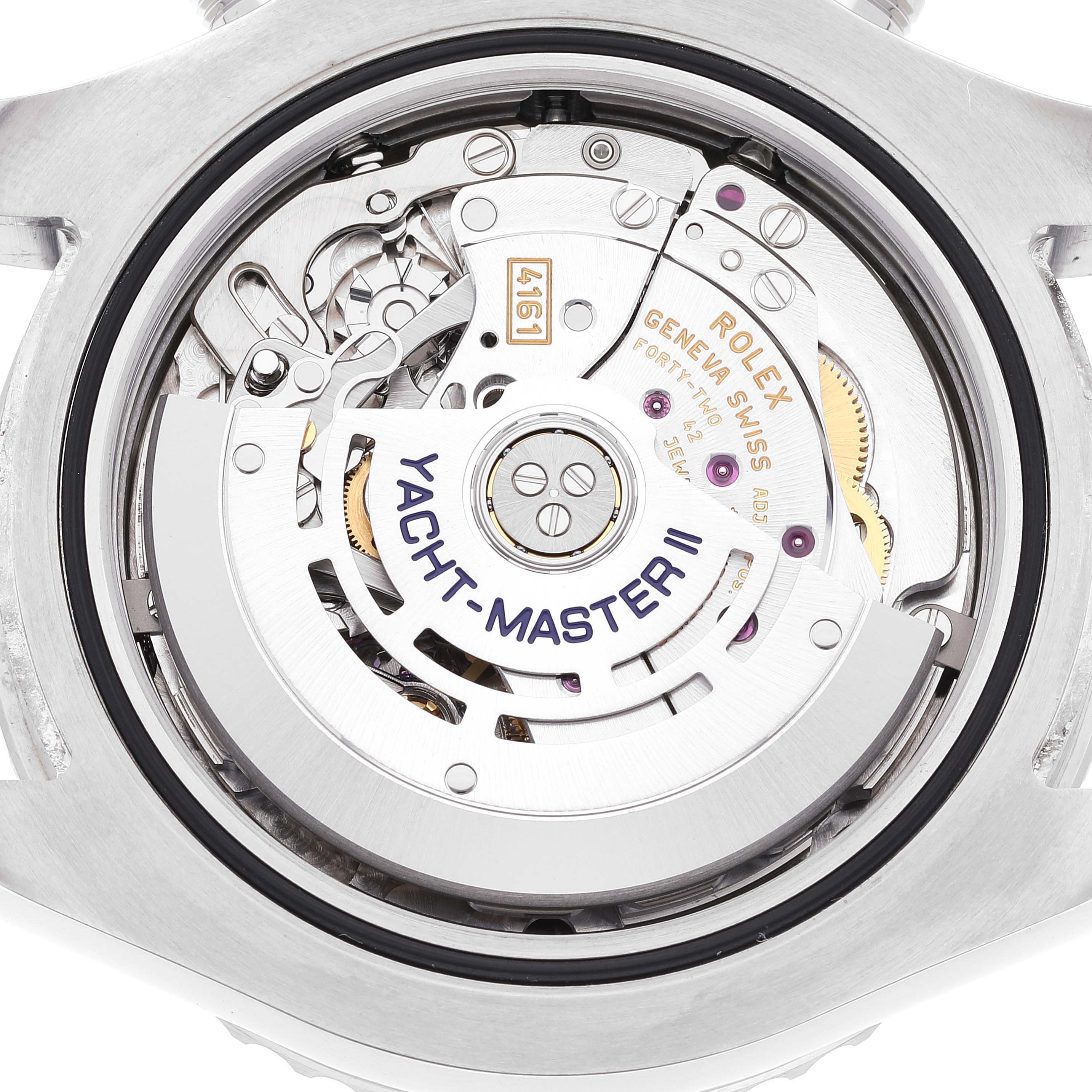 This image shows a close-up view of the Rolex Yacht-Master 116680 Men's Stainless Steel White Dial 116680 Men's Stainless Steel White Dial II watch's internal movement mechanism from the back.