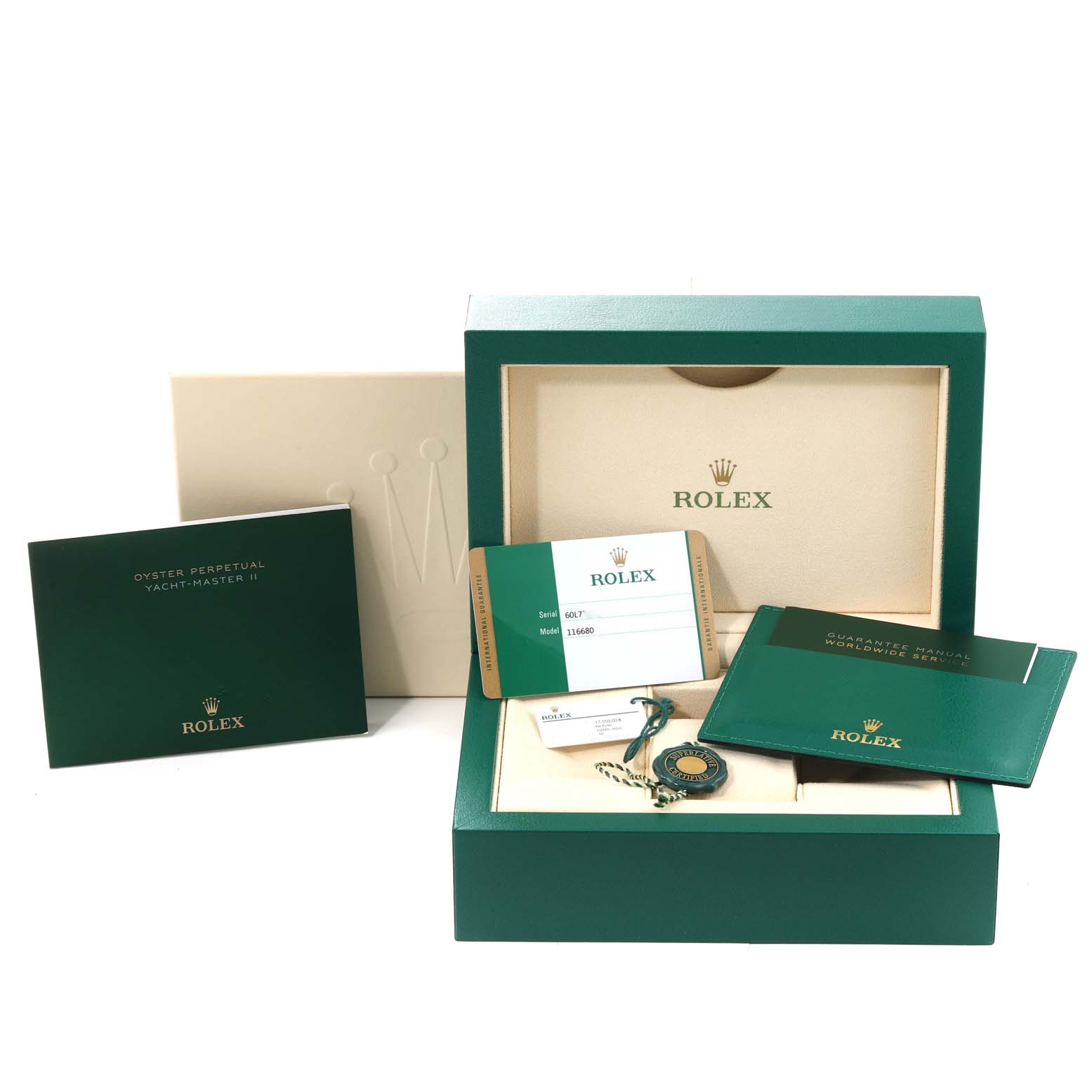 The image shows the packaging and accessories of a Rolex Yacht-Master 116680 Men's Stainless Steel White Dial 116680 Men's Stainless Steel White Dial watch, including the box, manual, warranty card, and tag.