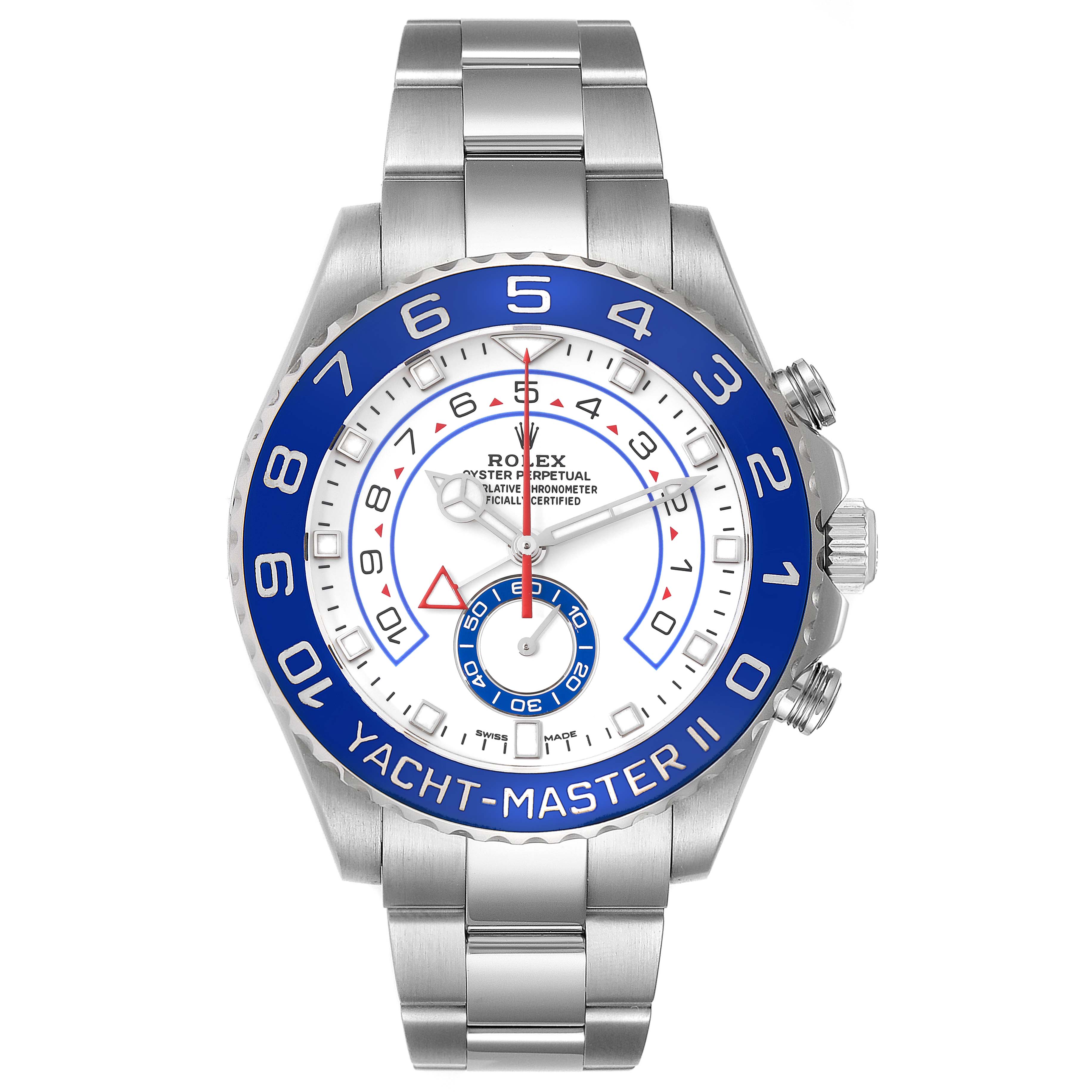 The Rolex Yacht-Master 116680 Men's Stainless Steel White Dial 116680 Men's Stainless Steel White Dial watch is shown from the front angle, displaying the dial, bezel, hands, bracelet, and crown.