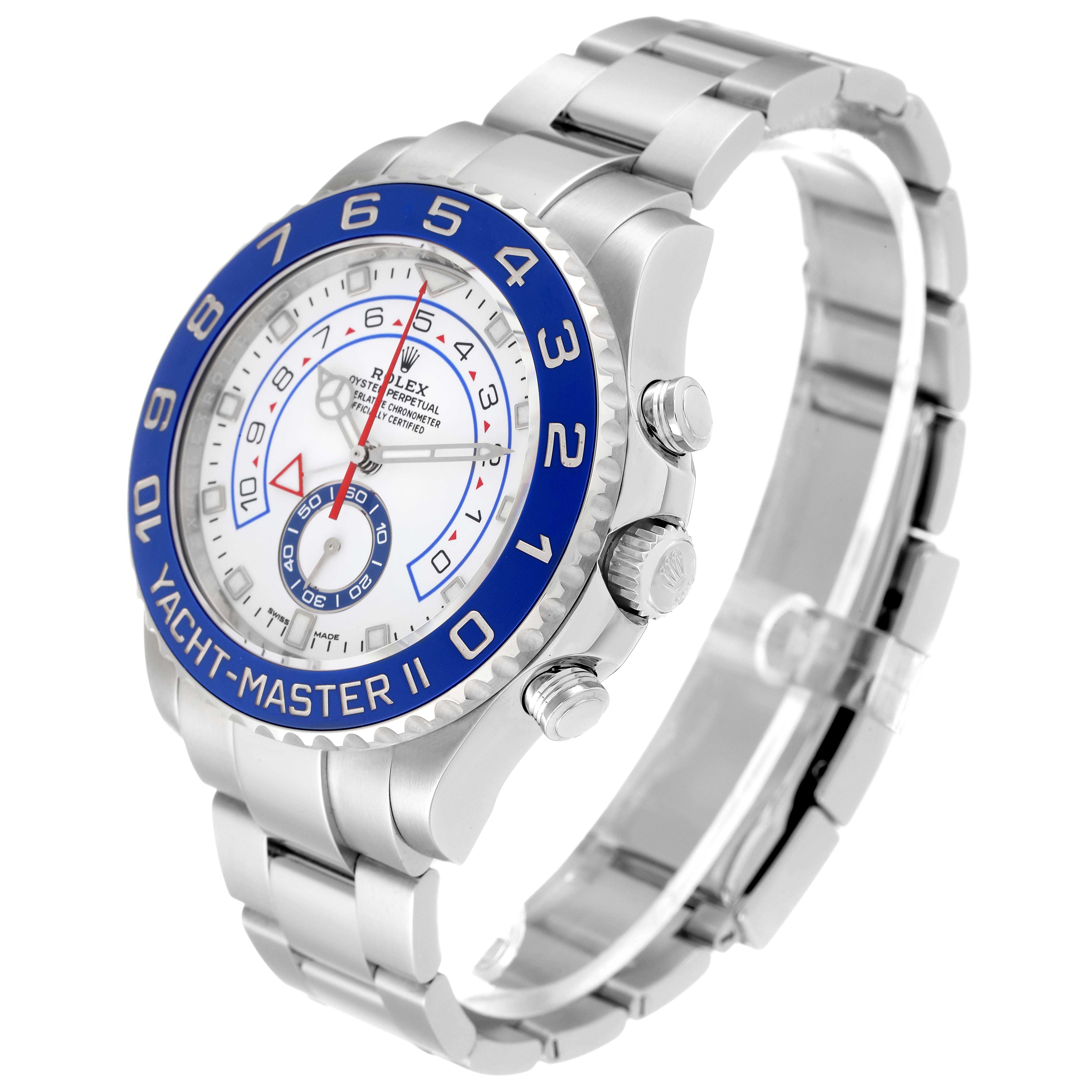 This Rolex Yacht-Master 116680 Men's Stainless Steel White Dial 116680 Men's Stainless Steel White Dial II watch is shown at a three-quarter angle, highlighting the dial, bezel, and bracelet.