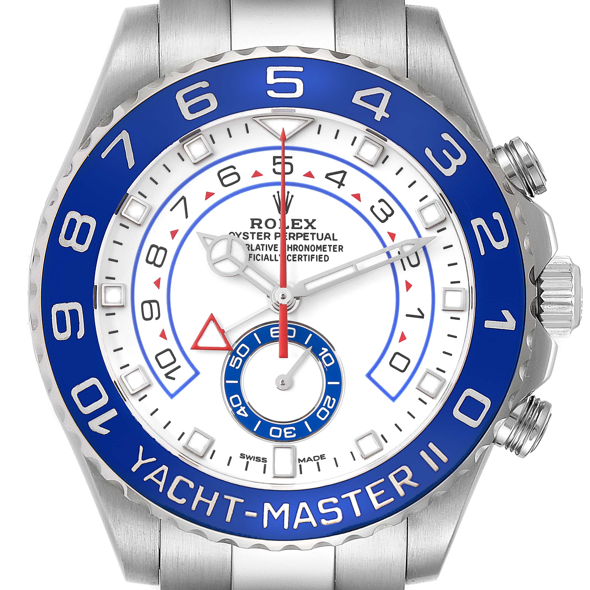 This image shows a frontal view of the Rolex Yacht-Master 116680 Men's Stainless Steel White Dial 116680 Men's Stainless Steel White Dial II watch, highlighting its blue bezel and white dial.