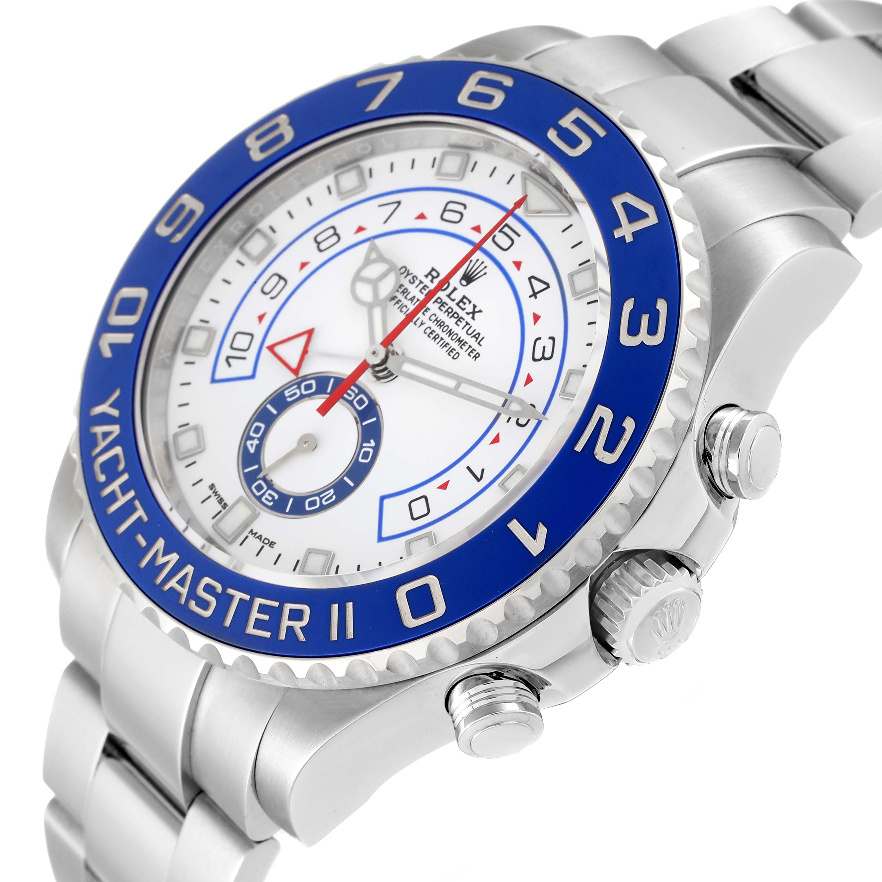 The image shows a close-up of the Rolex Yacht-Master 116680 Men's Stainless Steel White Dial 116680 Men's Stainless Steel White Dial II watch, highlighting its face, bezel, and crown from a side angle.