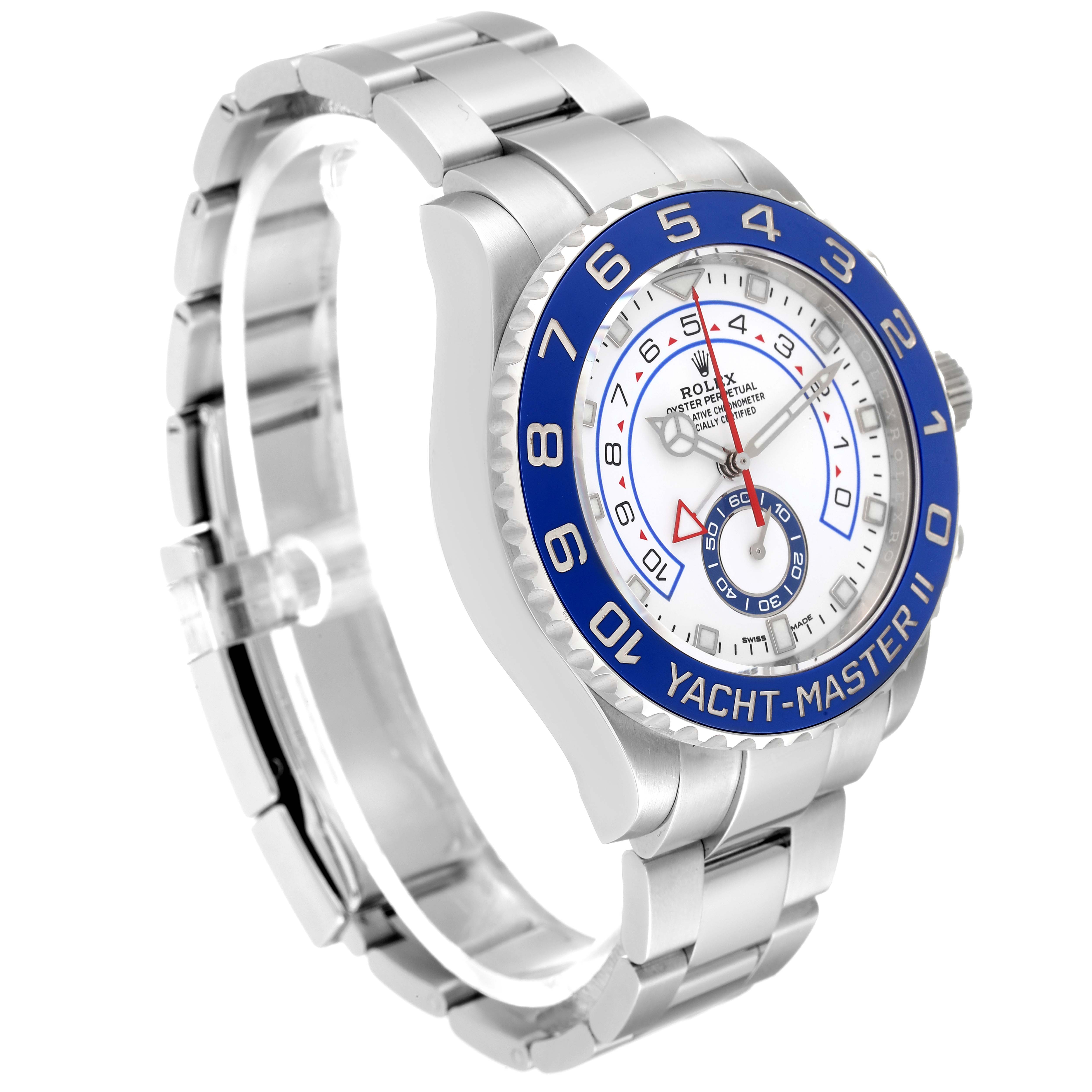The image shows a side angle of the Rolex Yacht-Master 116680 Men's Stainless Steel White Dial 116680 Men's Stainless Steel White Dial II watch, displaying its case, dial, bracelet, and bezel.
