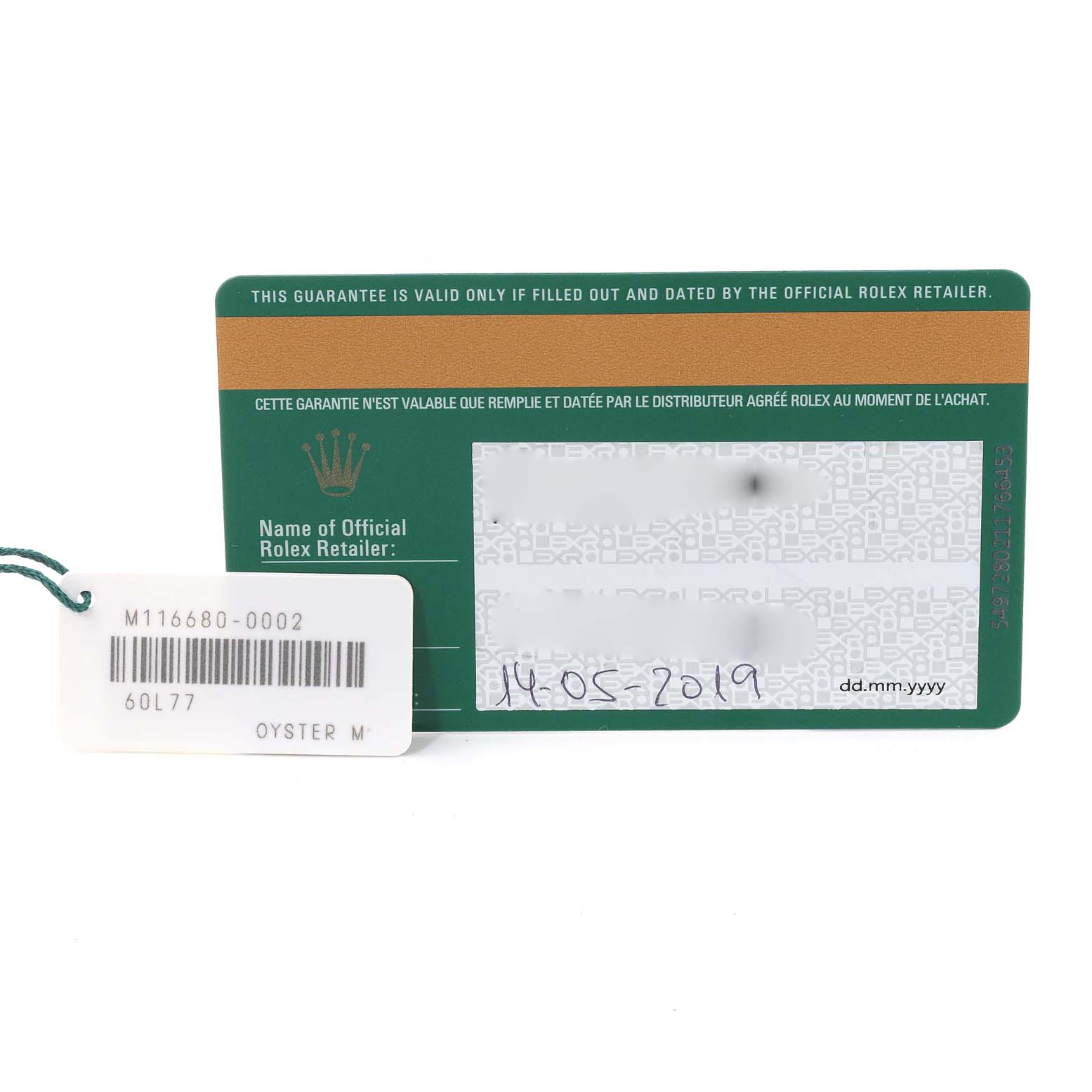 This image shows a warranty card and tag for a Rolex Yacht-Master 116680 Men's Stainless Steel White Dial 116680 Men's Stainless Steel White Dial watch.