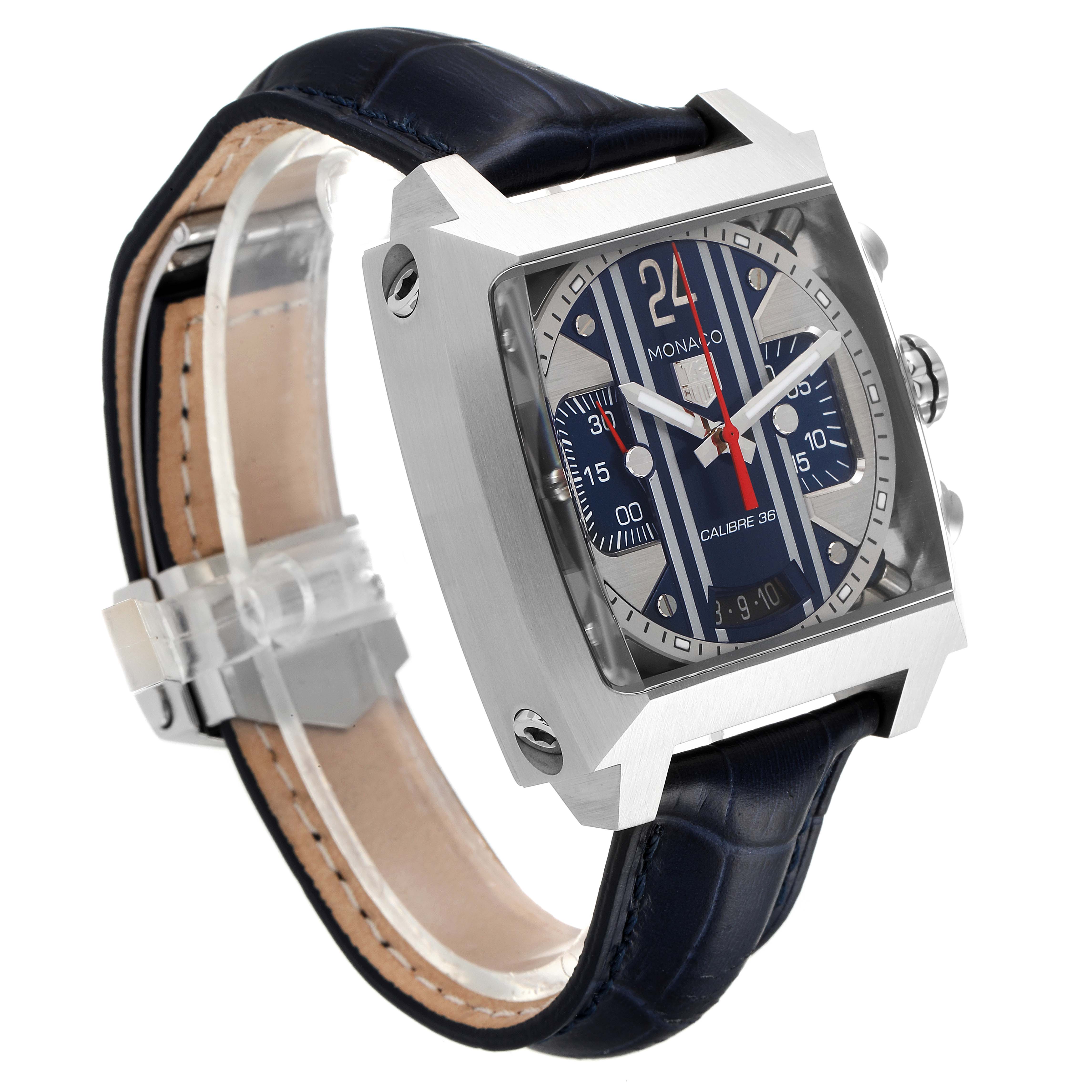 The image shows a side angle view of the Tag Heuer Monaco CAL5111.FC6299 Men's Stainless Steel Blue Dial CAL5111.FC6299 Men's Stainless Steel Blue Dial model watch, highlighting its square case, dial, and leather strap.