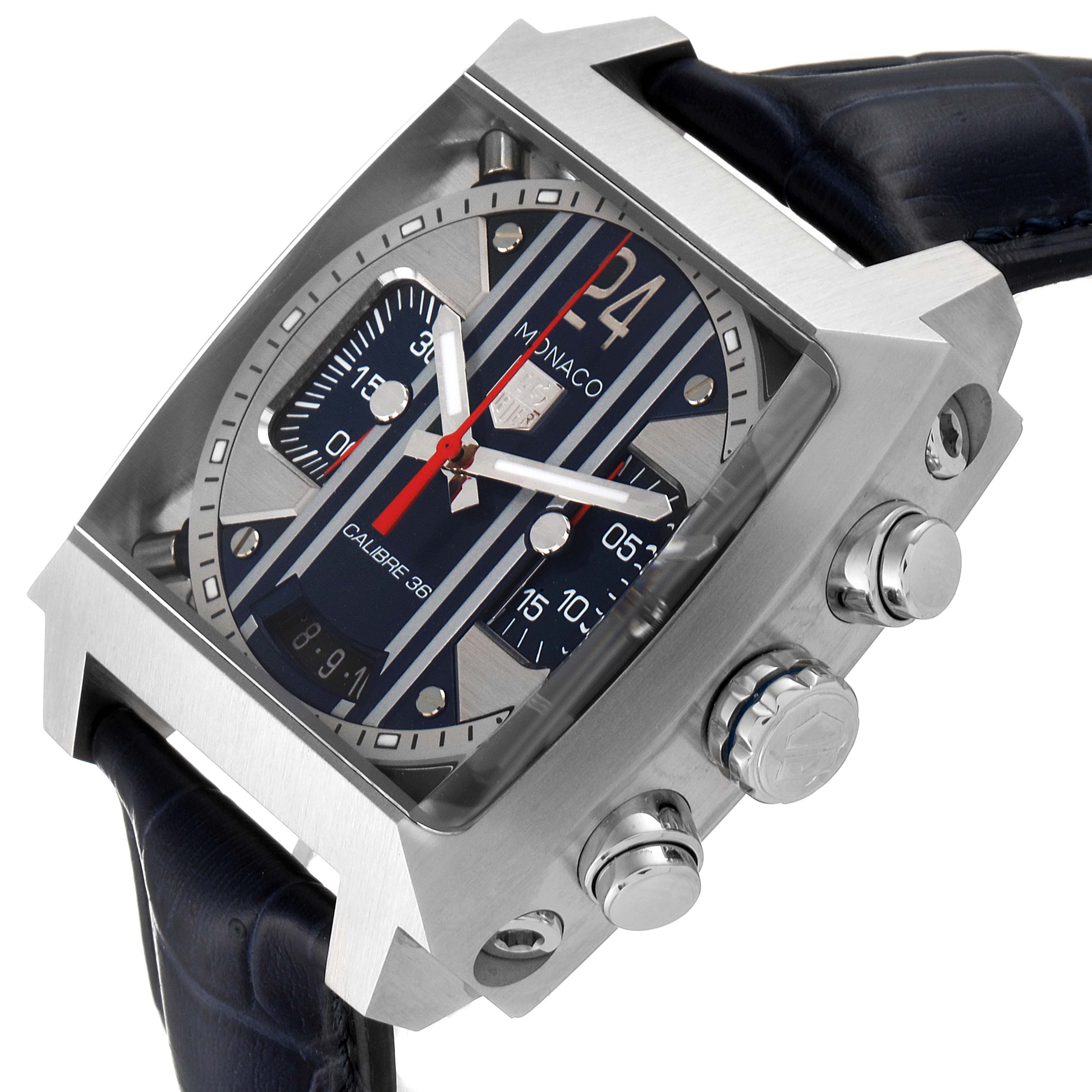 The image shows a close-up angle of the Tag Heuer Monaco CAL5111.FC6299 Men's Stainless Steel Blue Dial CAL5111.FC6299 Men's Stainless Steel Blue Dial watch, highlighting its face, crown, and pushers.