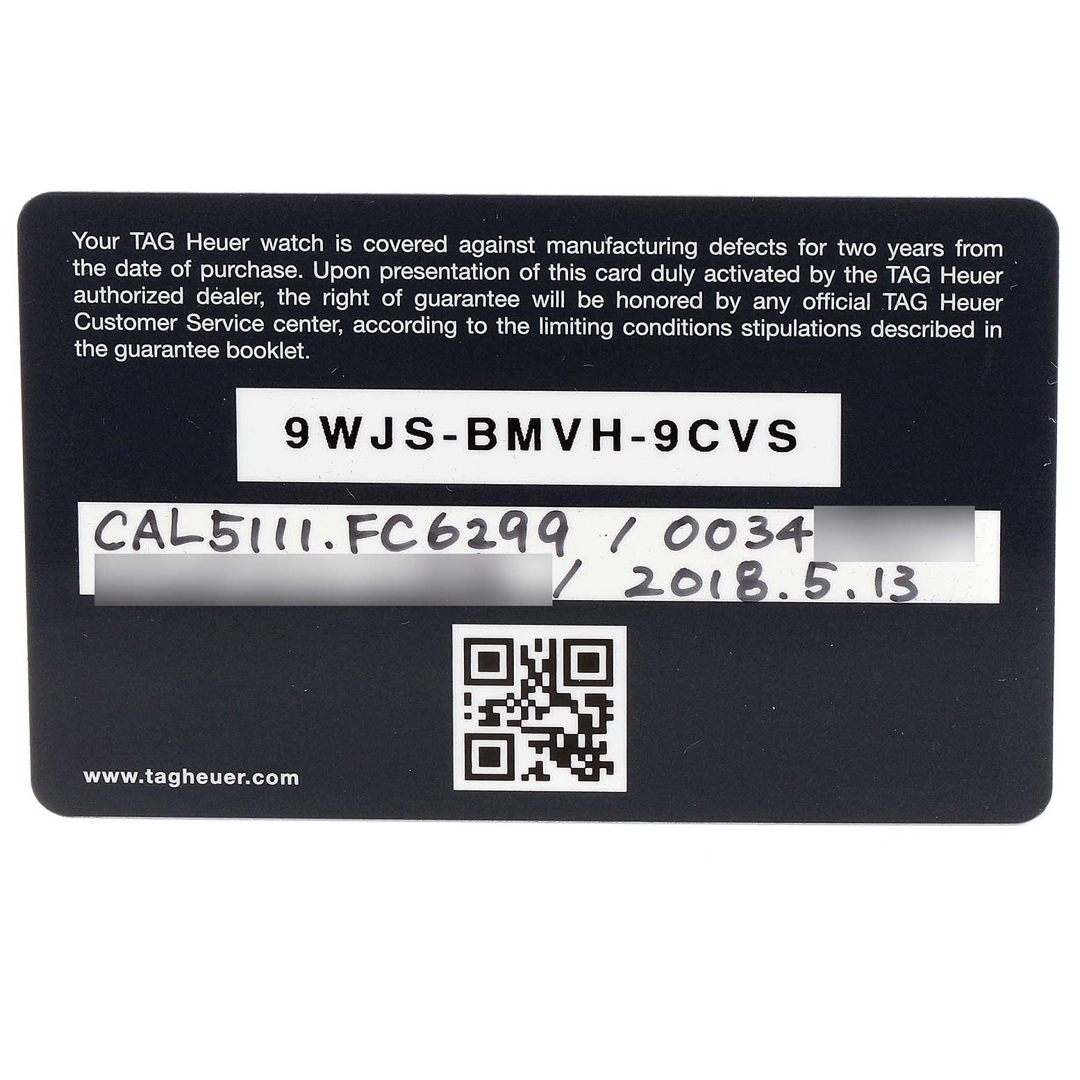 This image shows the warranty card for the Tag Heuer Monaco CAL5111.FC6299 Men's Stainless Steel Blue Dial CAL5111.FC6299 Men's Stainless Steel Blue Dial model watch.