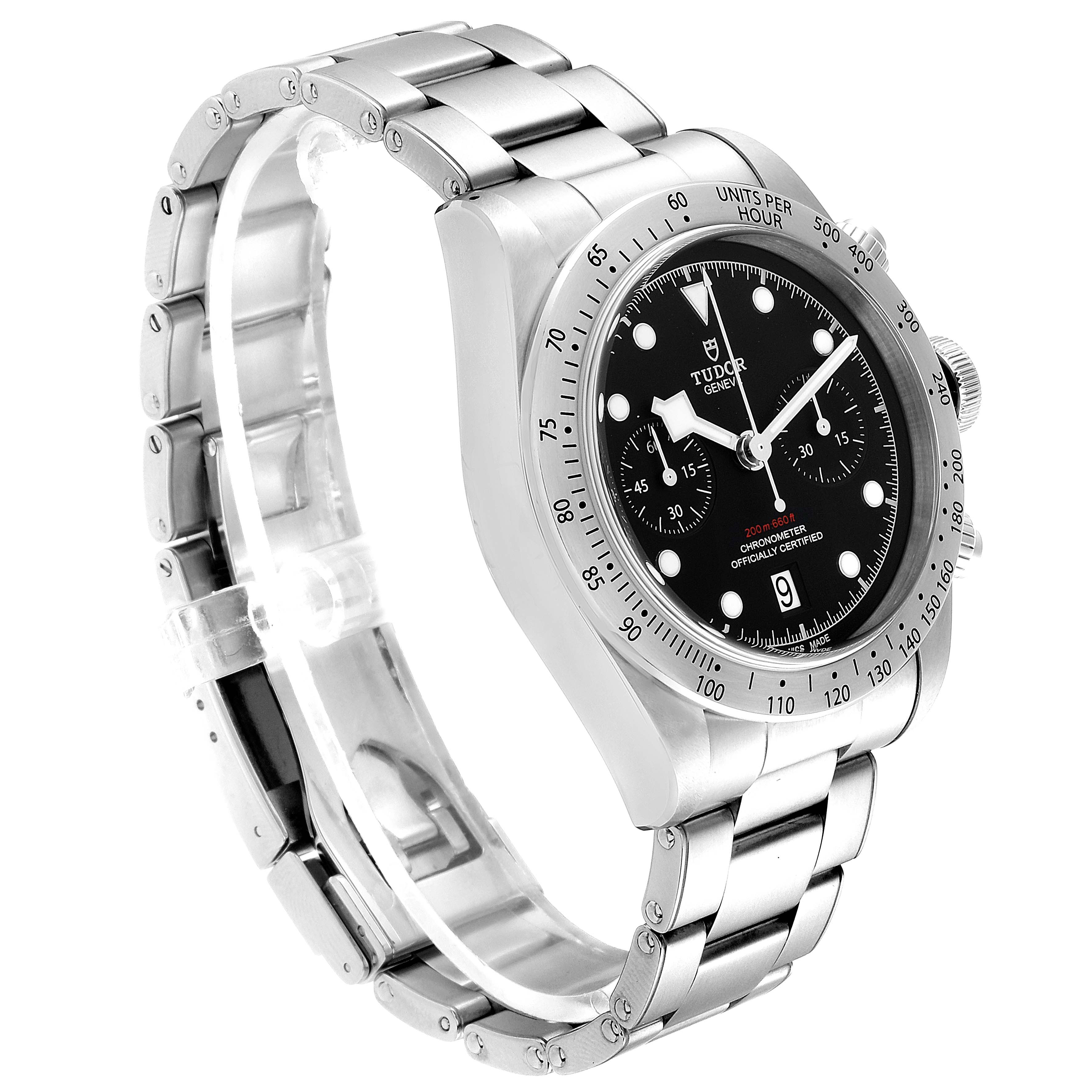 This image shows a side angle of the Tudor Heritage Black Bay 79350 Men
s Stainless Steel Black Dial 79350 Men
s Stainless Steel Black Dial watch, highlighting its stainless steel bracelet and black dial.