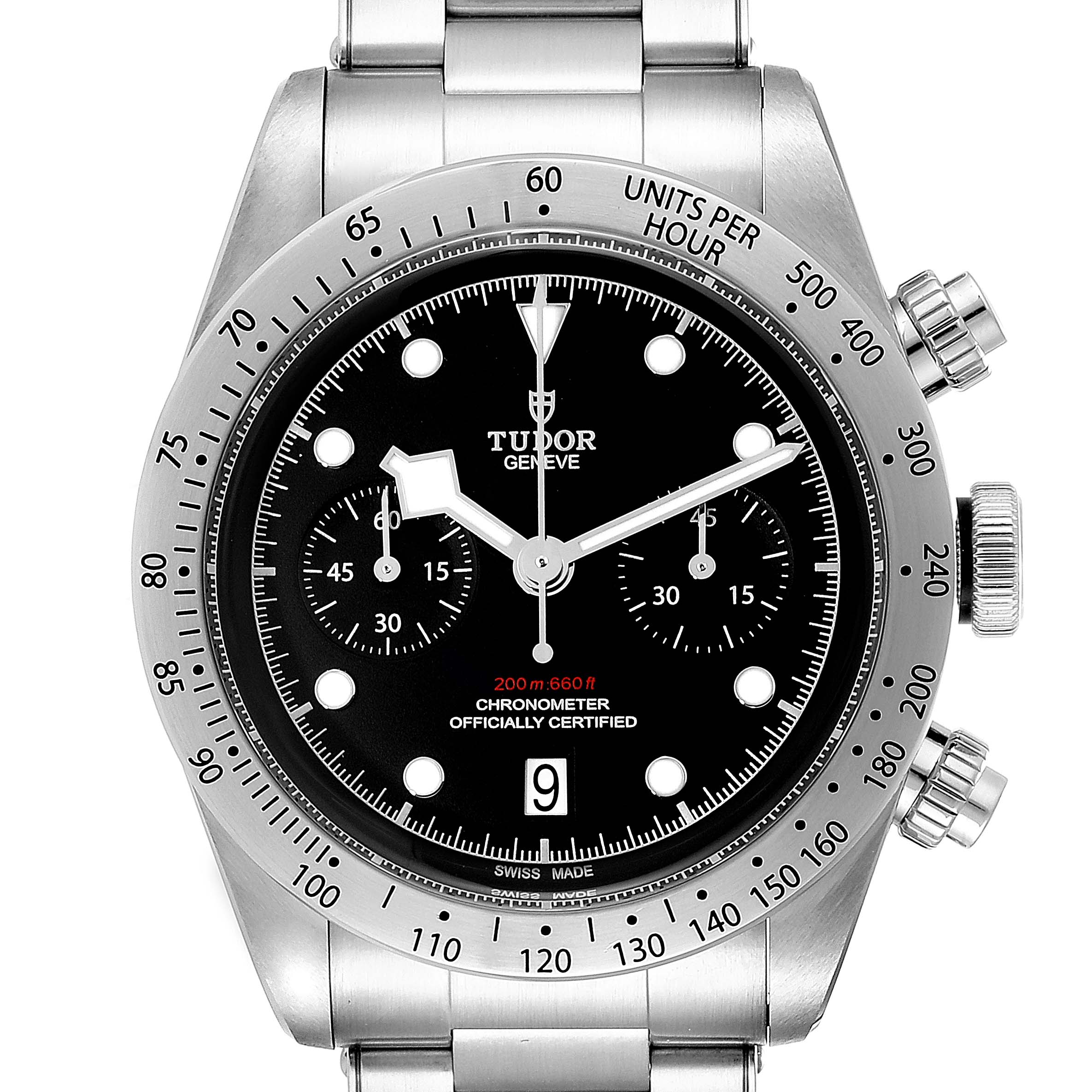 The image shows a front view of the Tudor Heritage Black Bay 79350 Men
s Stainless Steel Black Dial 79350 Men
s Stainless Steel Black Dial watch displaying the dial, bezel, subdials, crown, and pushers.
