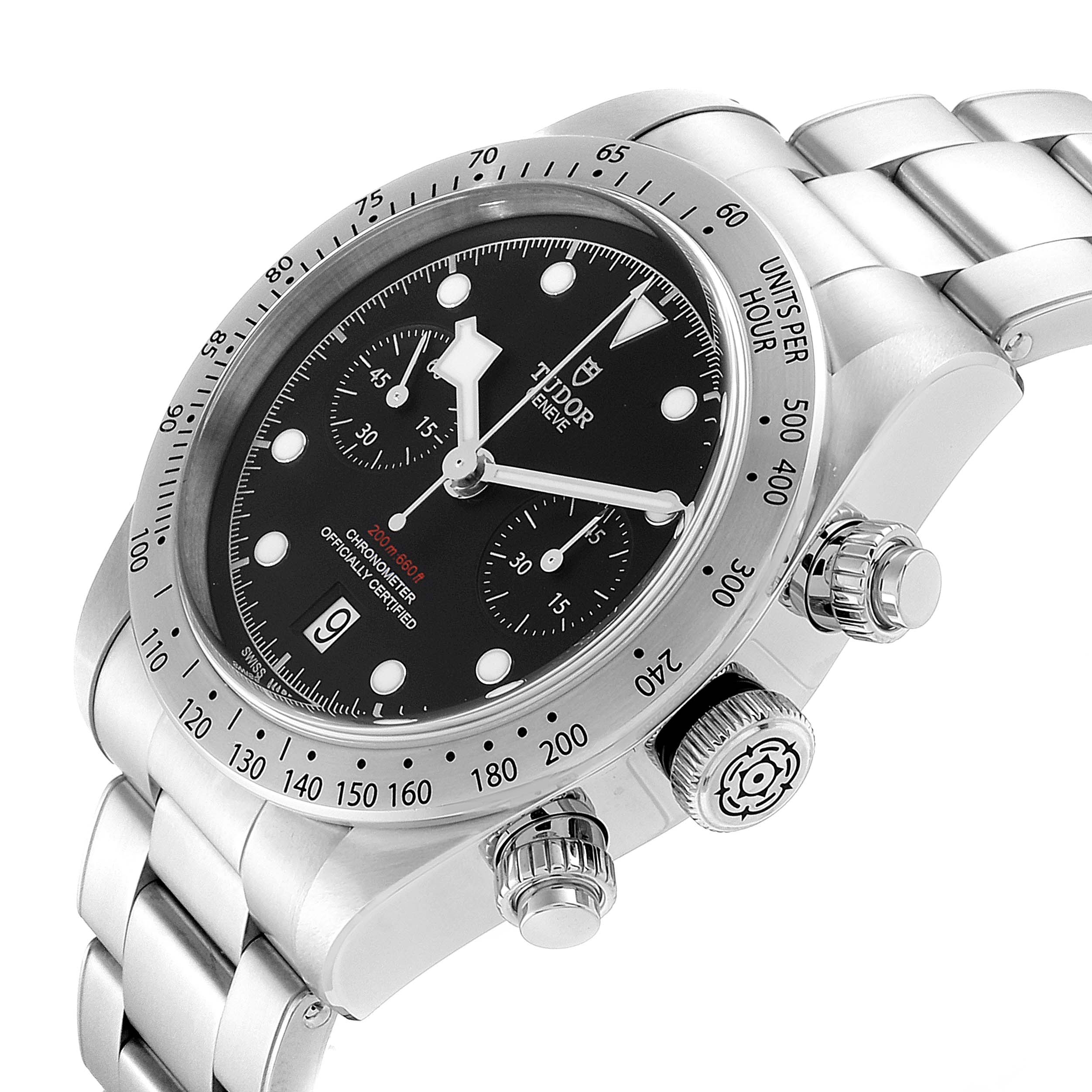 The Tudor Heritage Black Bay 79350 Men
s Stainless Steel Black Dial 79350 Men
s Stainless Steel Black Dial watch is shown at an angled view highlighting its dial, bezel, and stainless steel bracelet.