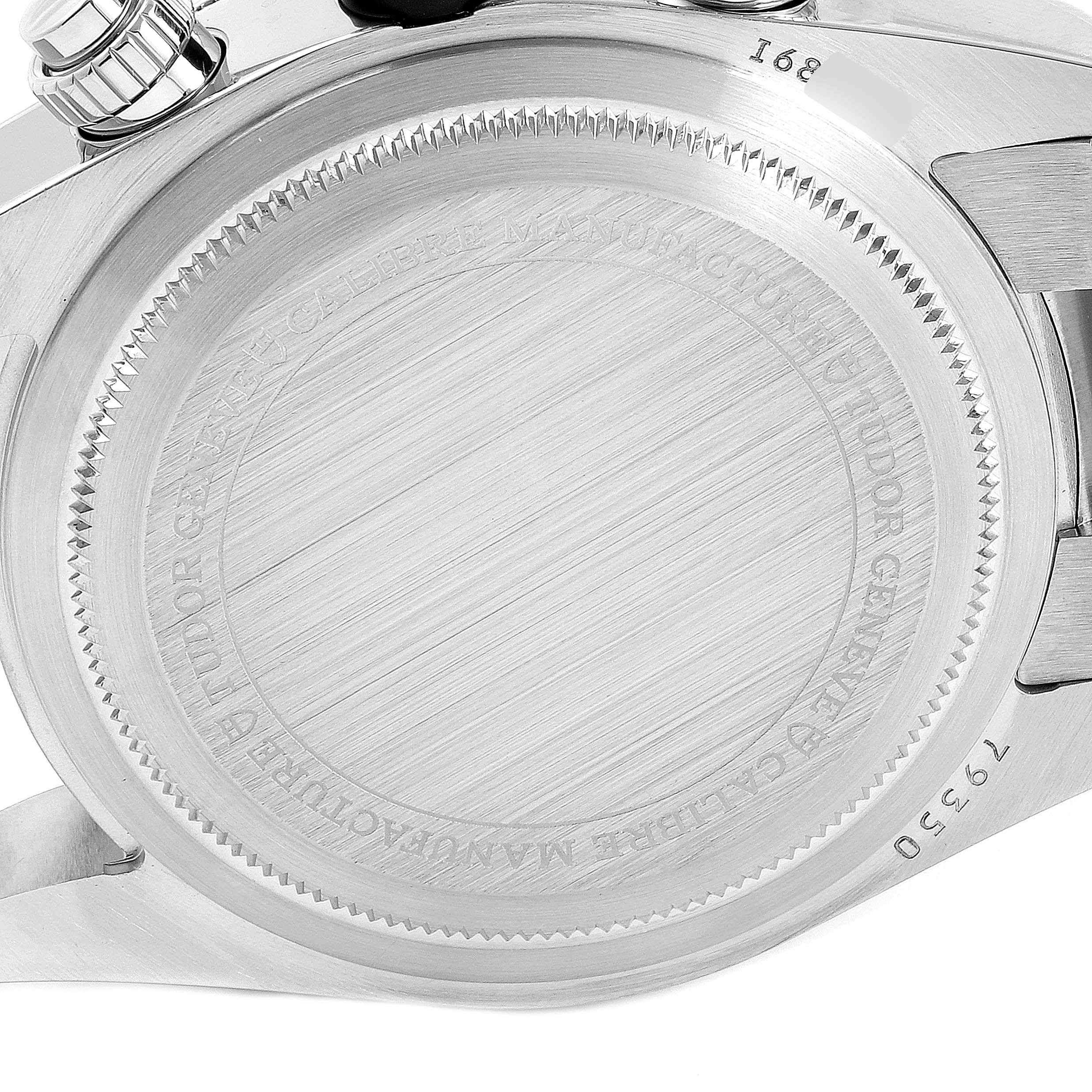 The image shows the back case of a Tudor Heritage Black Bay 79350 Men
s Stainless Steel Black Dial 79350 Men
s Stainless Steel Black Dial watch, seen from a straight-on angle.