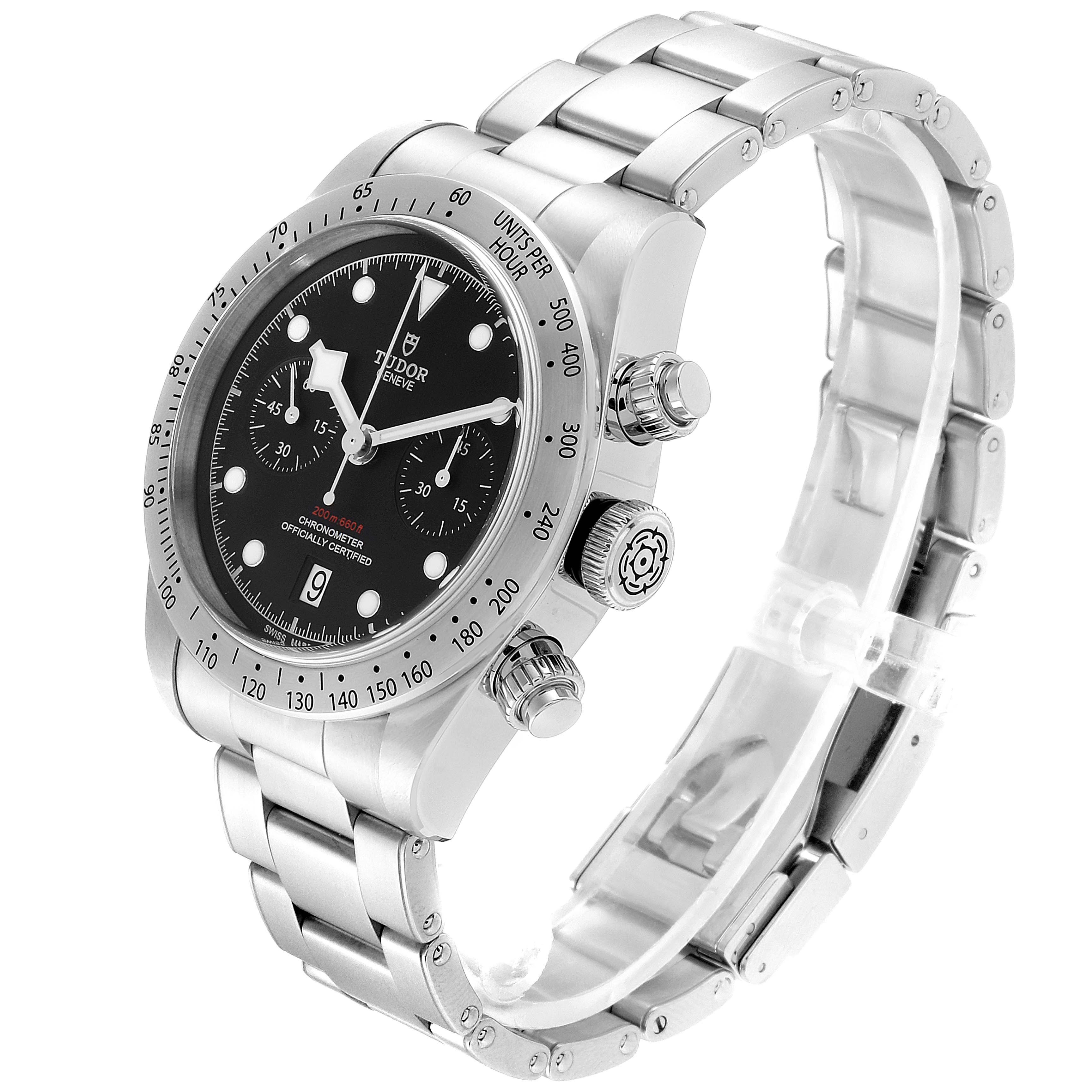 The Tudor Heritage Black Bay 79350 Men
s Stainless Steel Black Dial 79350 Men
s Stainless Steel Black Dial watch is shown at a three-quarter angle, displaying its dial, bezel, crown, and bracelet.