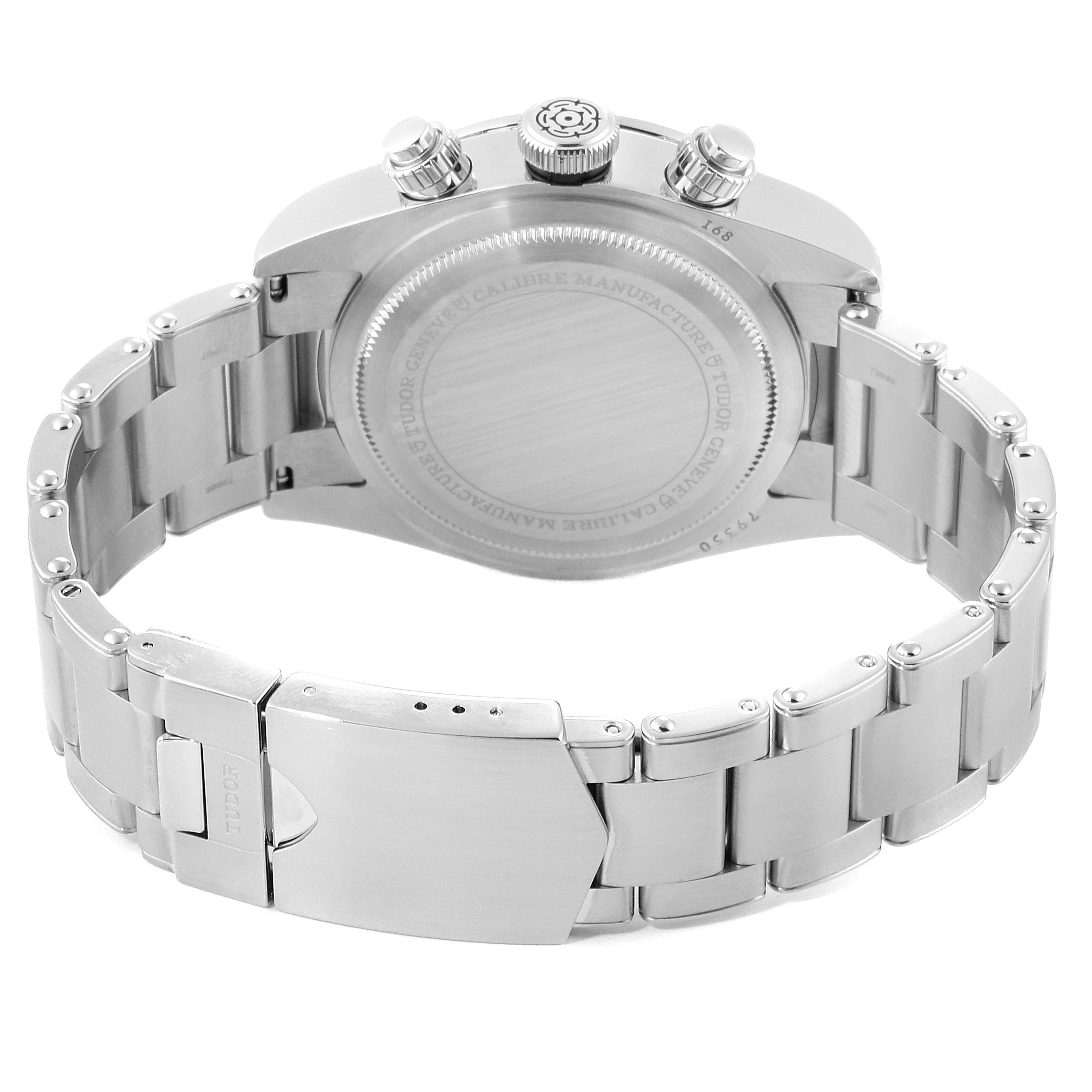 The image shows the rear view of the Tudor Heritage Black Bay 79350 Men
s Stainless Steel Black Dial 79350 Men
s Stainless Steel Black Dial watch, highlighting its case back, bracelet, and clasp.