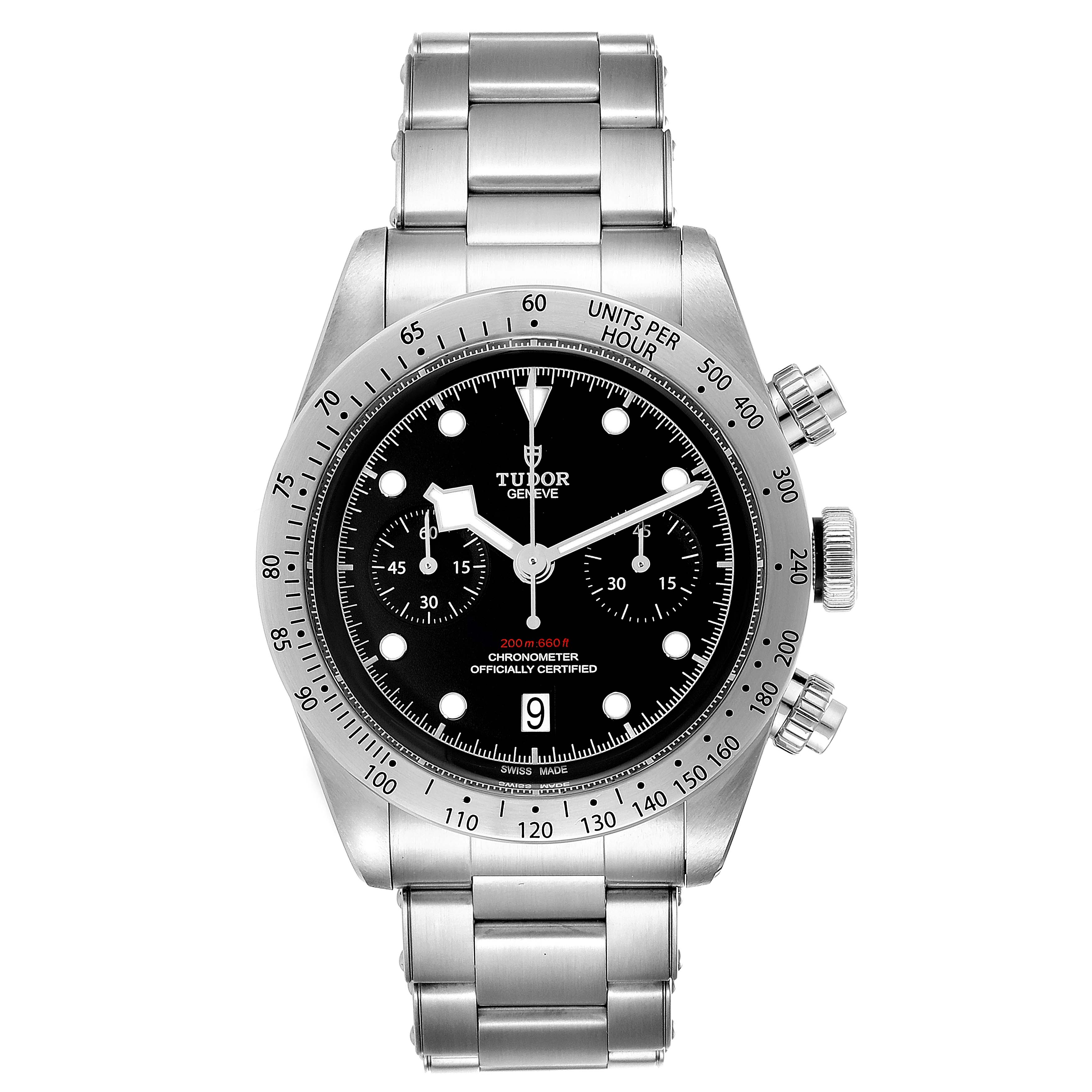 The image shows a front view of the Tudor Heritage Black Bay 79350 Men
s Stainless Steel Black Dial 79350 Men
s Stainless Steel Black Dial watch, highlighting its dial, bezel, and bracelet.