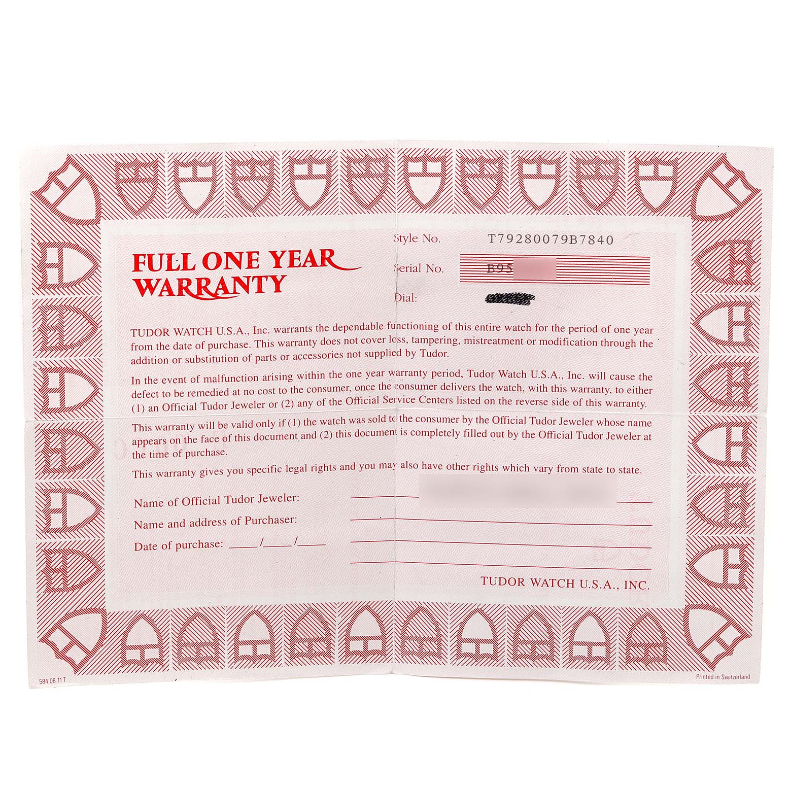 The image shows a one-year warranty card for a Tudor Prince 79280 Men
s Stainless Steel Silver Dial 79280 Men
s Stainless Steel Silver Dial model watch, with text and fields filled out.