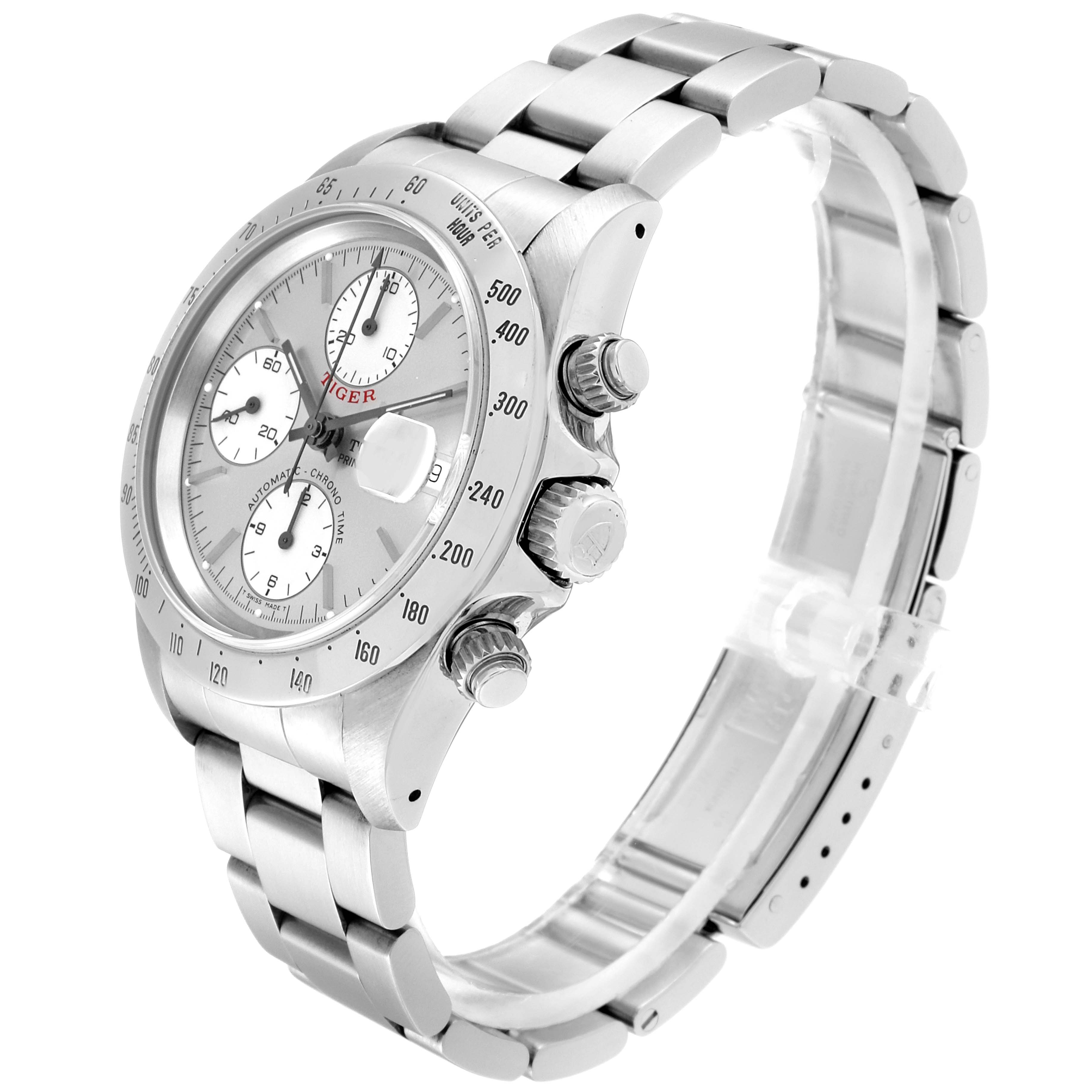 The image shows a Tudor Prince 79280 Men
s Stainless Steel Silver Dial 79280 Men
s Stainless Steel Silver Dial model watch with a stainless steel bracelet, side view, including the crown and pushers.