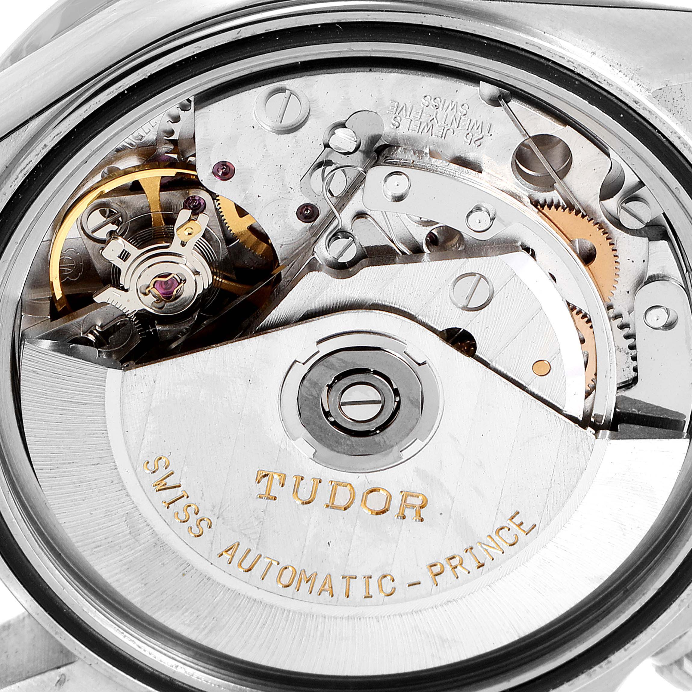 The image shows the inner movement mechanism of the Tudor Prince 79280 Men
s Stainless Steel Silver Dial 79280 Men
s Stainless Steel Silver Dial watch, highlighting the "Tudor Swiss Automatic Prince" engraving.