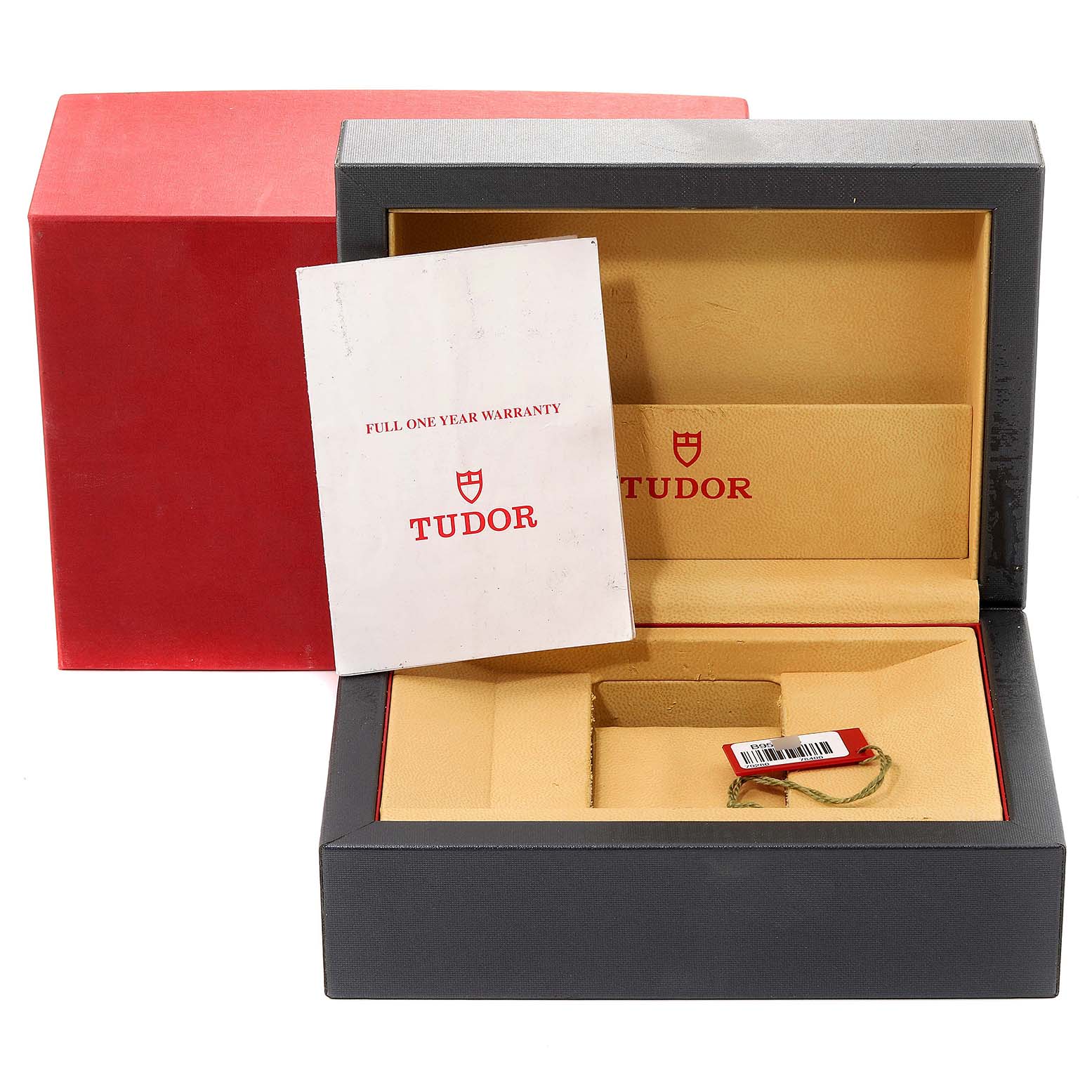 The image shows a Tudor Prince 79280 Men
s Stainless Steel Silver Dial 79280 Men
s Stainless Steel Silver Dial watch box and packaging, including the interior cushion, warranty booklet, and hang tag.