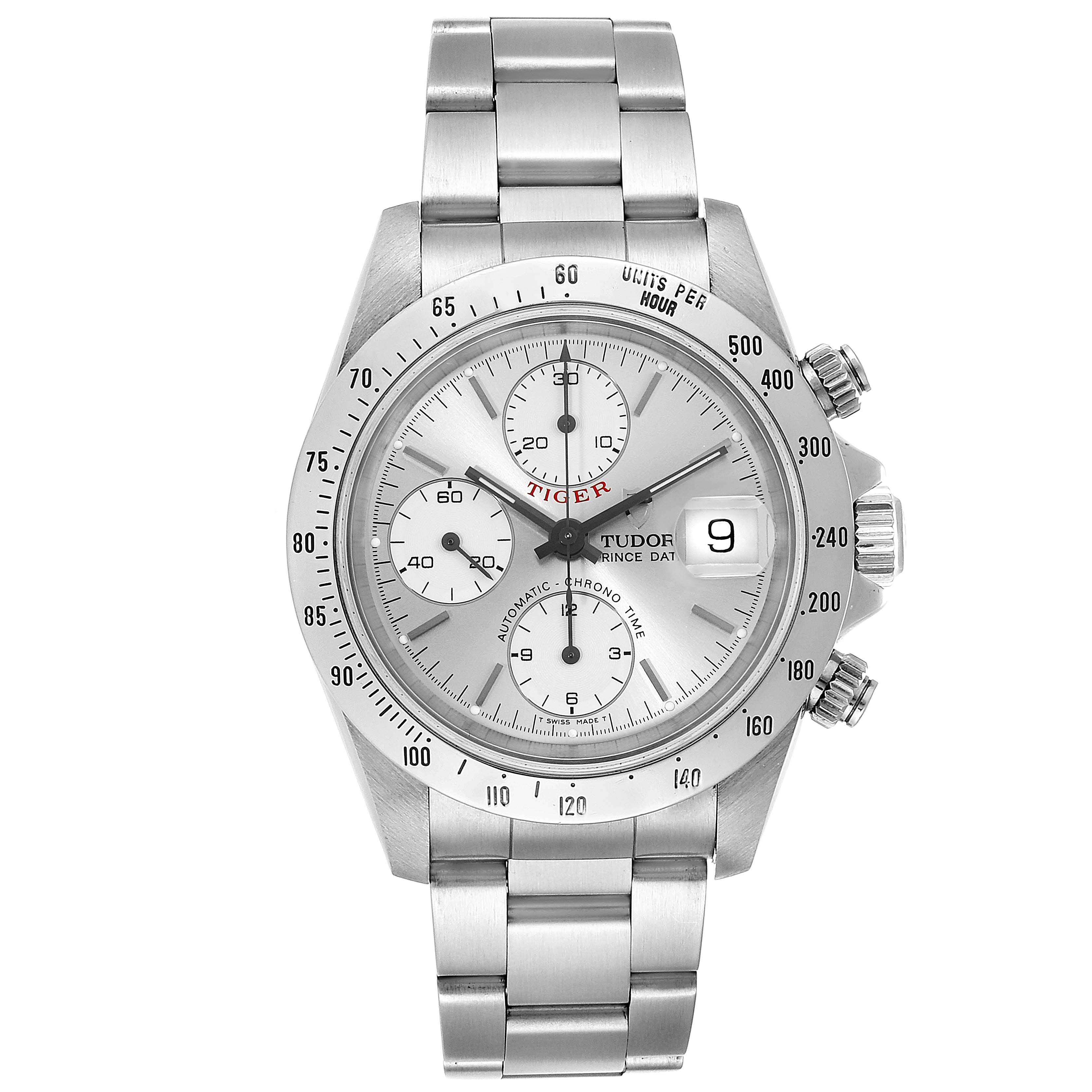 The Tudor Prince 79280 Men
s Stainless Steel Silver Dial 79280 Men
s Stainless Steel Silver Dial model watch is shown from a front angle, displaying its stainless steel case, bracelet, and dial.