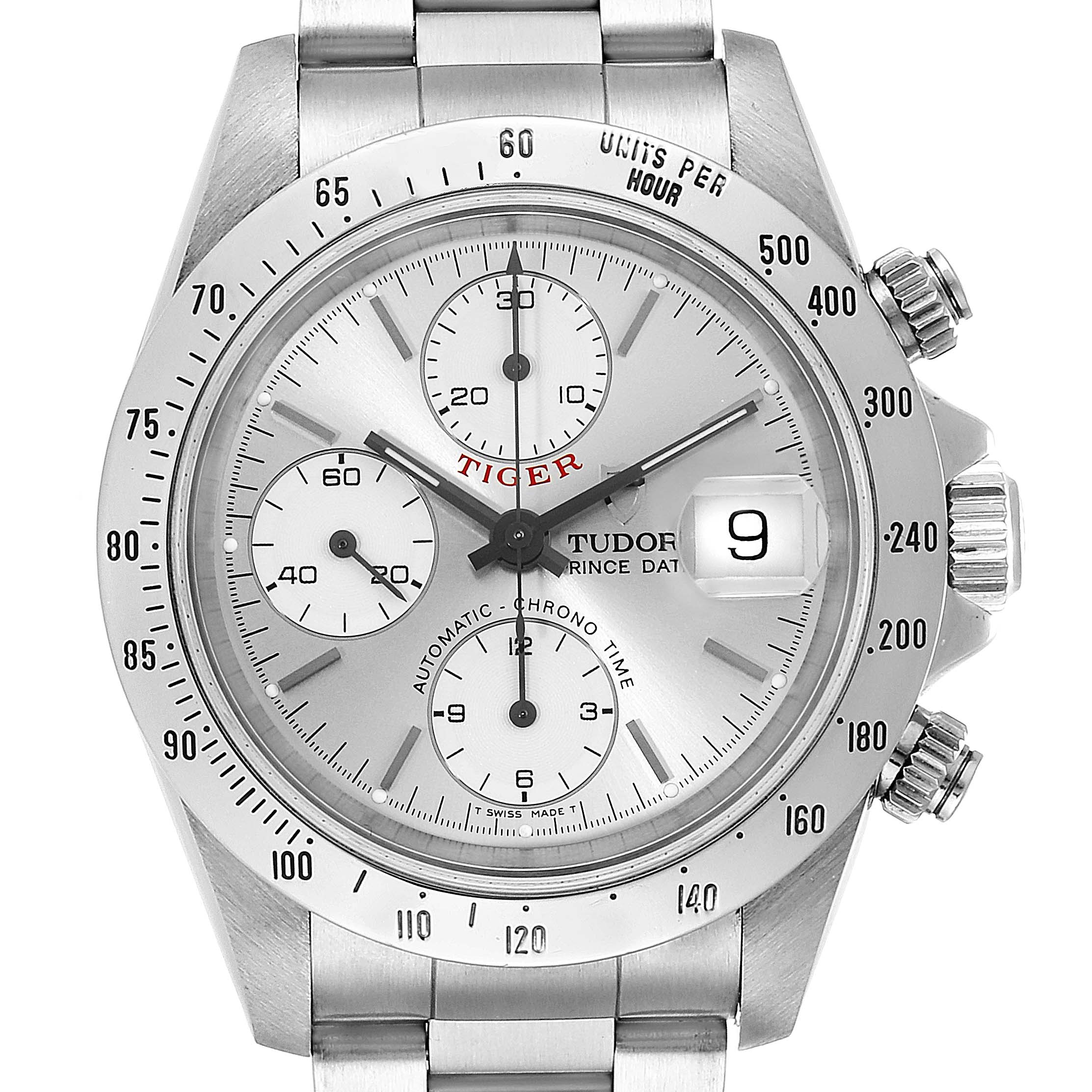 The image shows the front view of a Tudor Prince 79280 Men
s Stainless Steel Silver Dial 79280 Men
s Stainless Steel Silver Dial model watch, displaying the dial, chronographs, and date window.