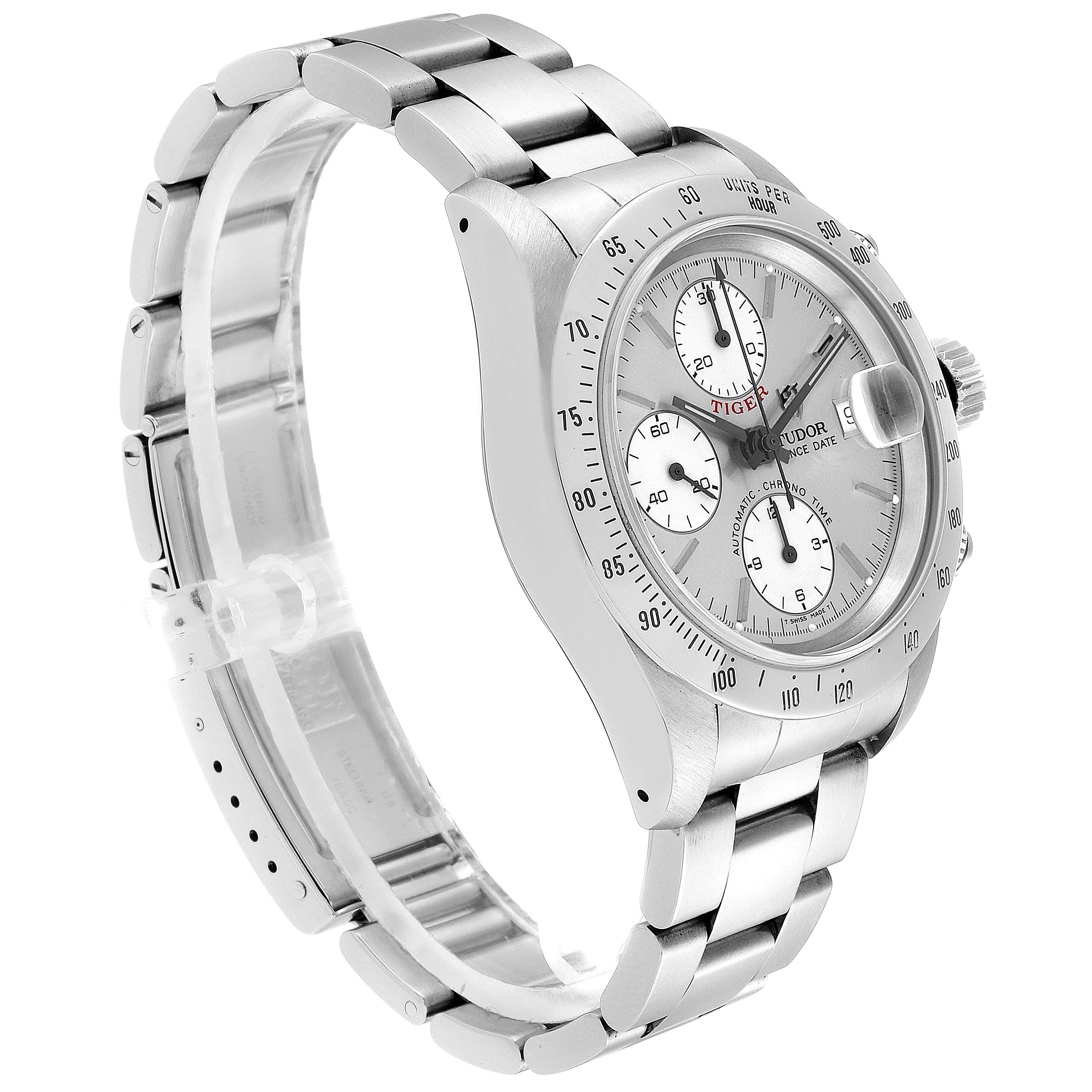 The image shows a Tudor Prince 79280 Men
s Stainless Steel Silver Dial 79280 Men
s Stainless Steel Silver Dial model watch angled from the front-left, highlighting its chronograph dial and stainless steel bracelet.