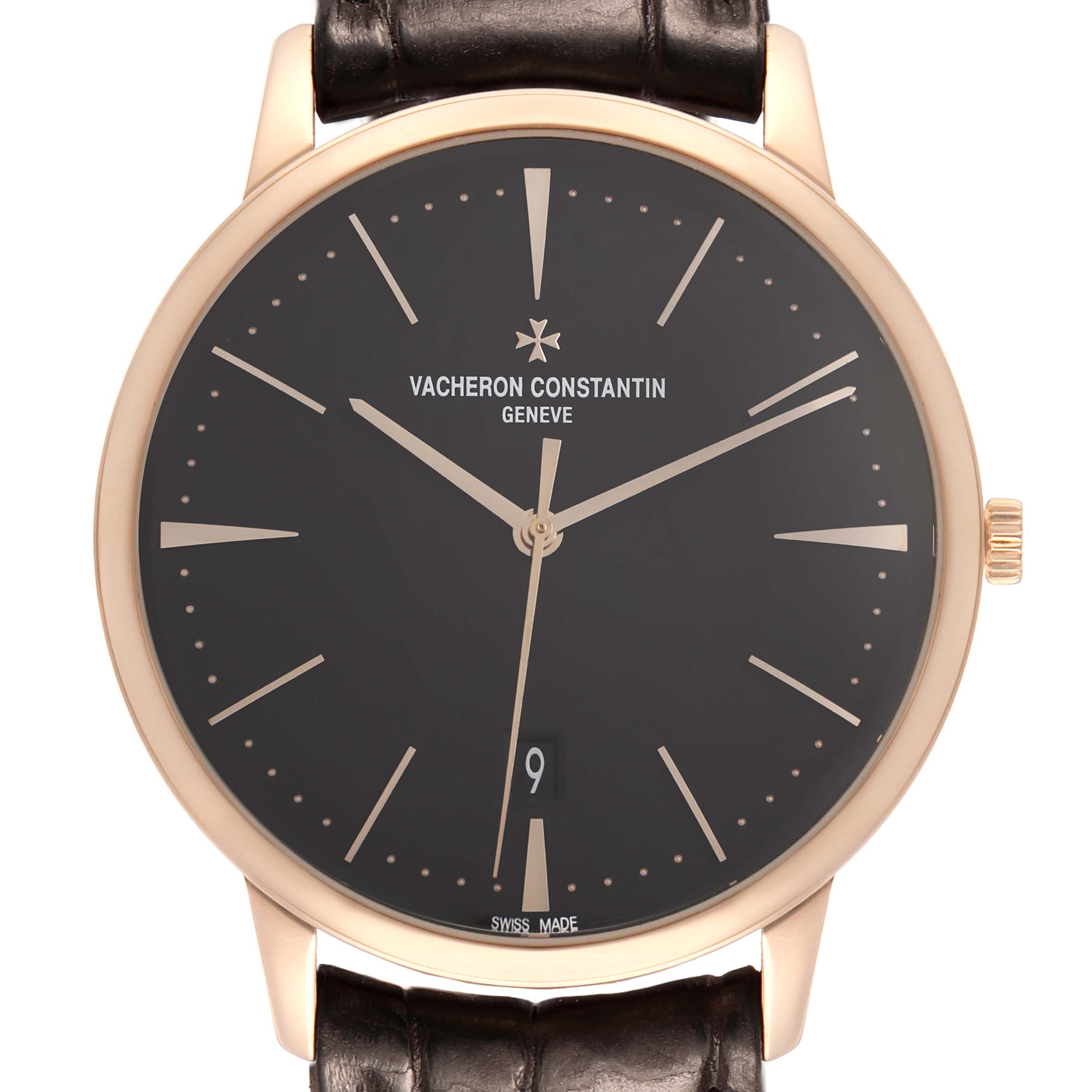 The Vacheron Constantin Patrimony 85180 Men
s Rose Gold Black Dial watch is shown from a front angle, displaying its dial, hands, date window, and part of the strap.