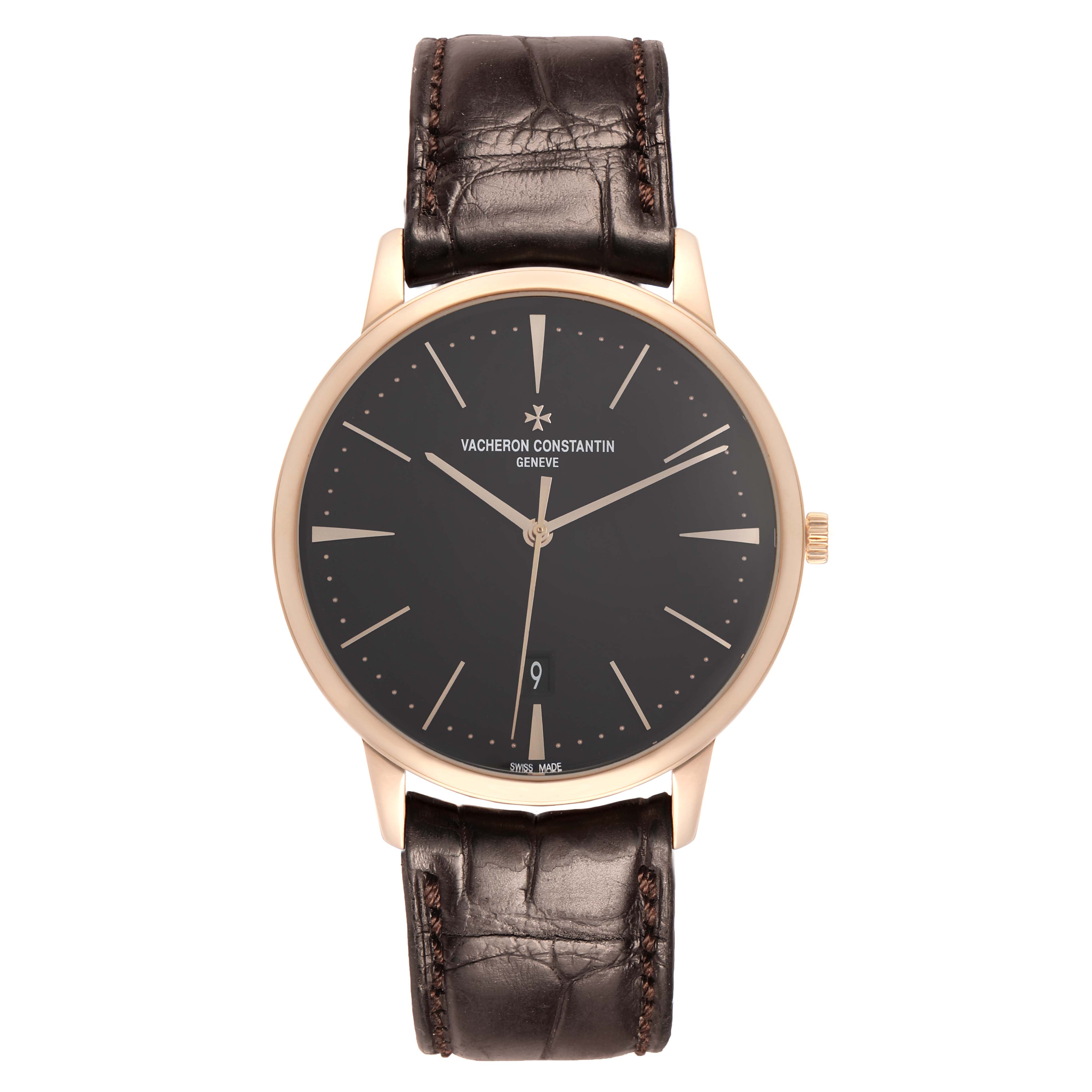 The Vacheron Constantin Patrimony 85180 Men
s Rose Gold Black Dial watch is shown from the front, displaying the entire face and leather strap.