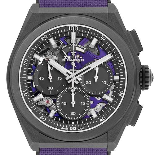The Zenith Defy 97.9001.9004 Men's Titanium Purple Dial watch is shown from a front angle, highlighting its dial and chronograph subdials.