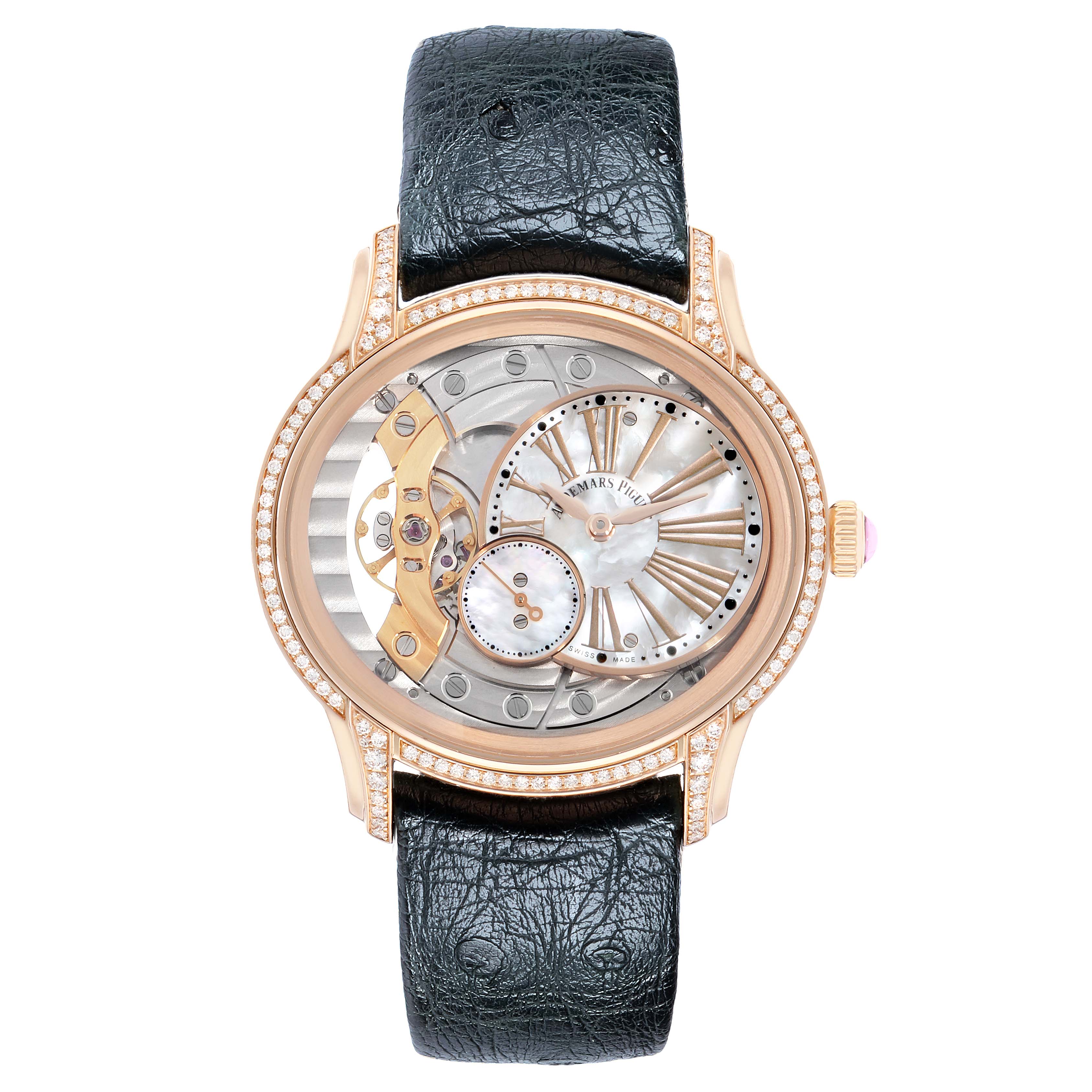 The Audemars Piguet Millenary 77247OR Women
s Rose Gold Mother of Pearl Dial watch is shown from the front, highlighting its oval dial, visible mechanics, and leather strap.
