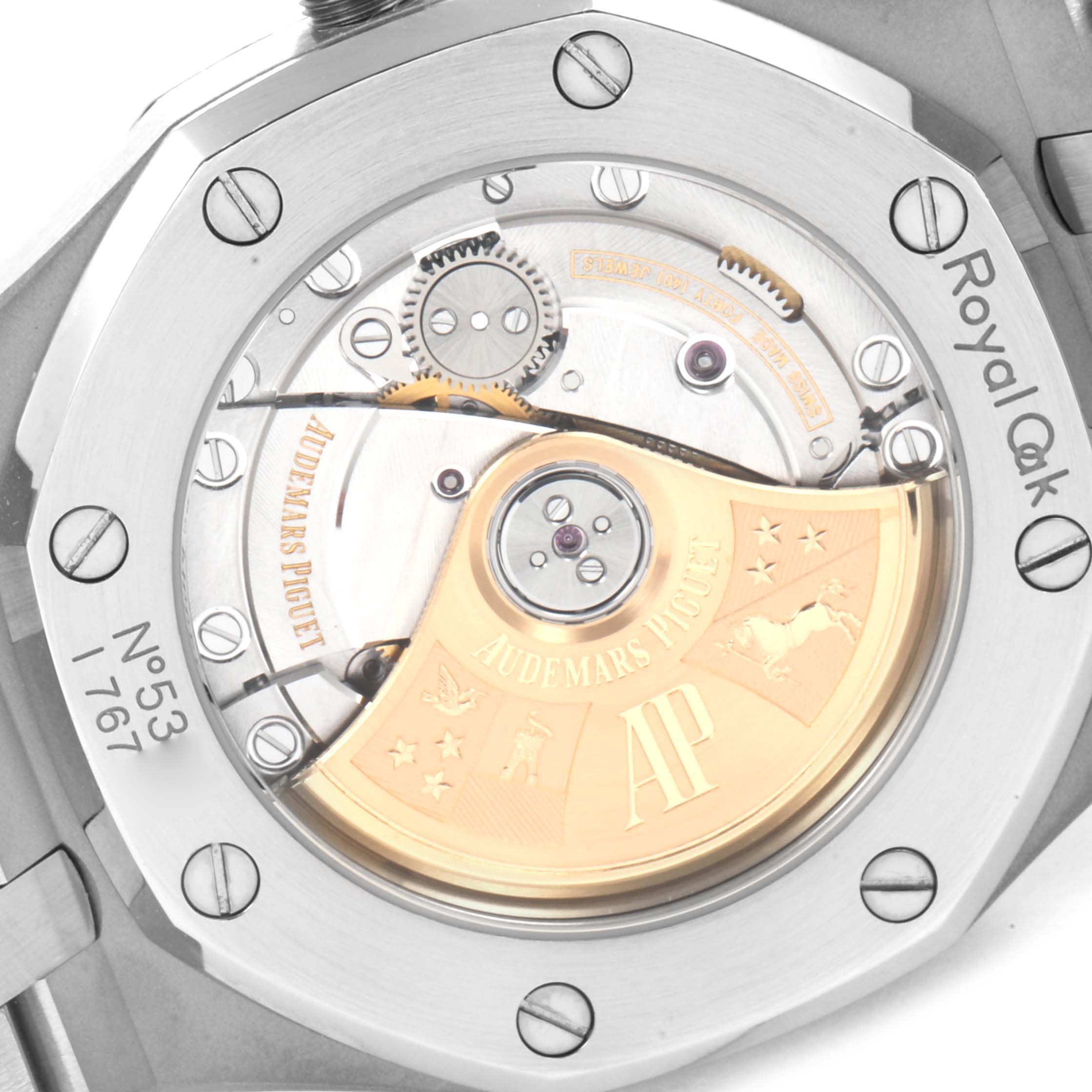 The image shows the case back view of the Audemars Piguet Royal Oak 15450ST.OO.1256ST.01 Men's Stainless Steel Silver Dial 15450ST.OO.1256ST.01 Men's Stainless Steel Silver Dial model, highlighting its intricate movement and rotor.