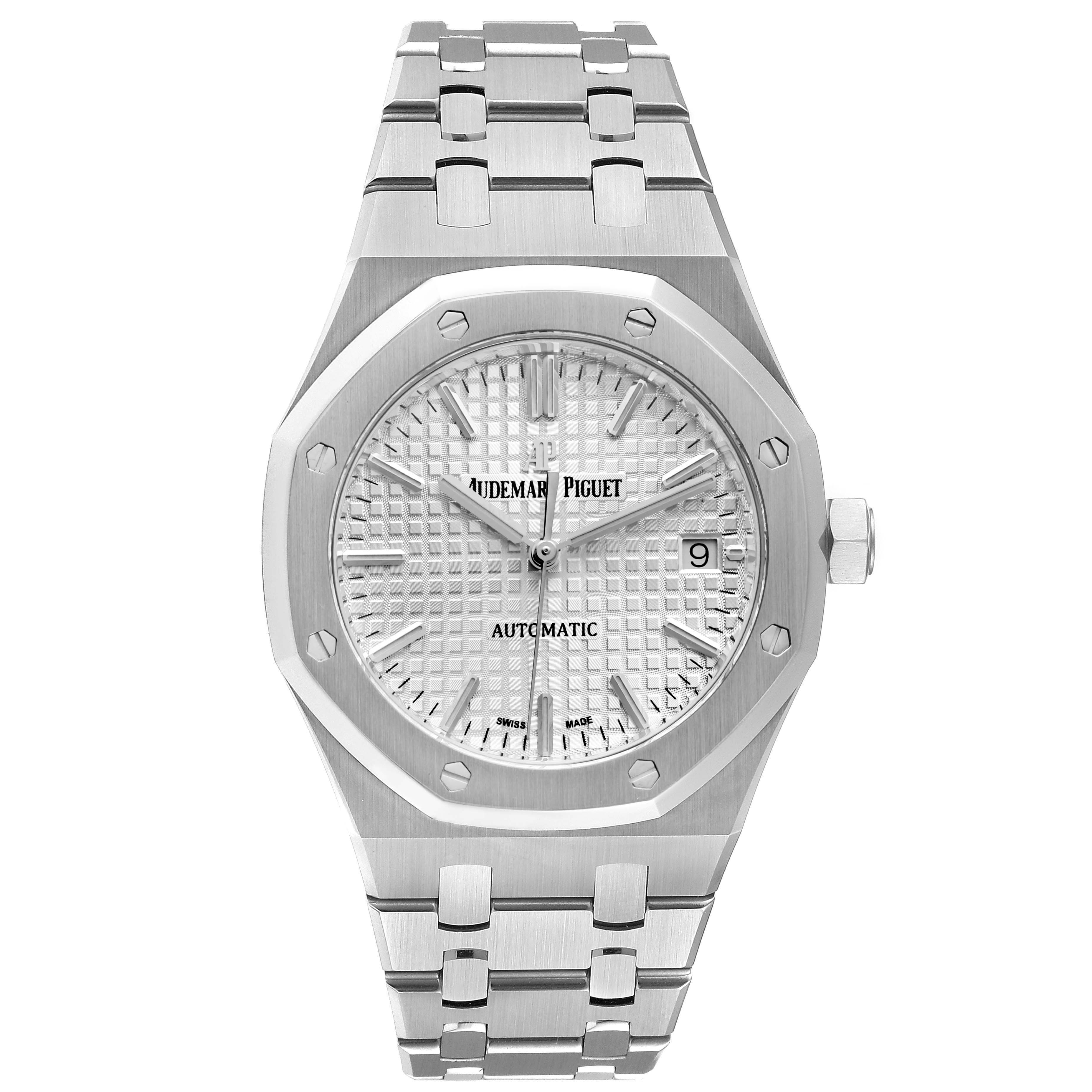 This image shows a front view of an Audemars Piguet Royal Oak 15450ST.OO.1256ST.01 Men's Stainless Steel Silver Dial 15450ST.OO.1256ST.01 Men's Stainless Steel Silver Dial watch, featuring its dial, bracelet, and crown.