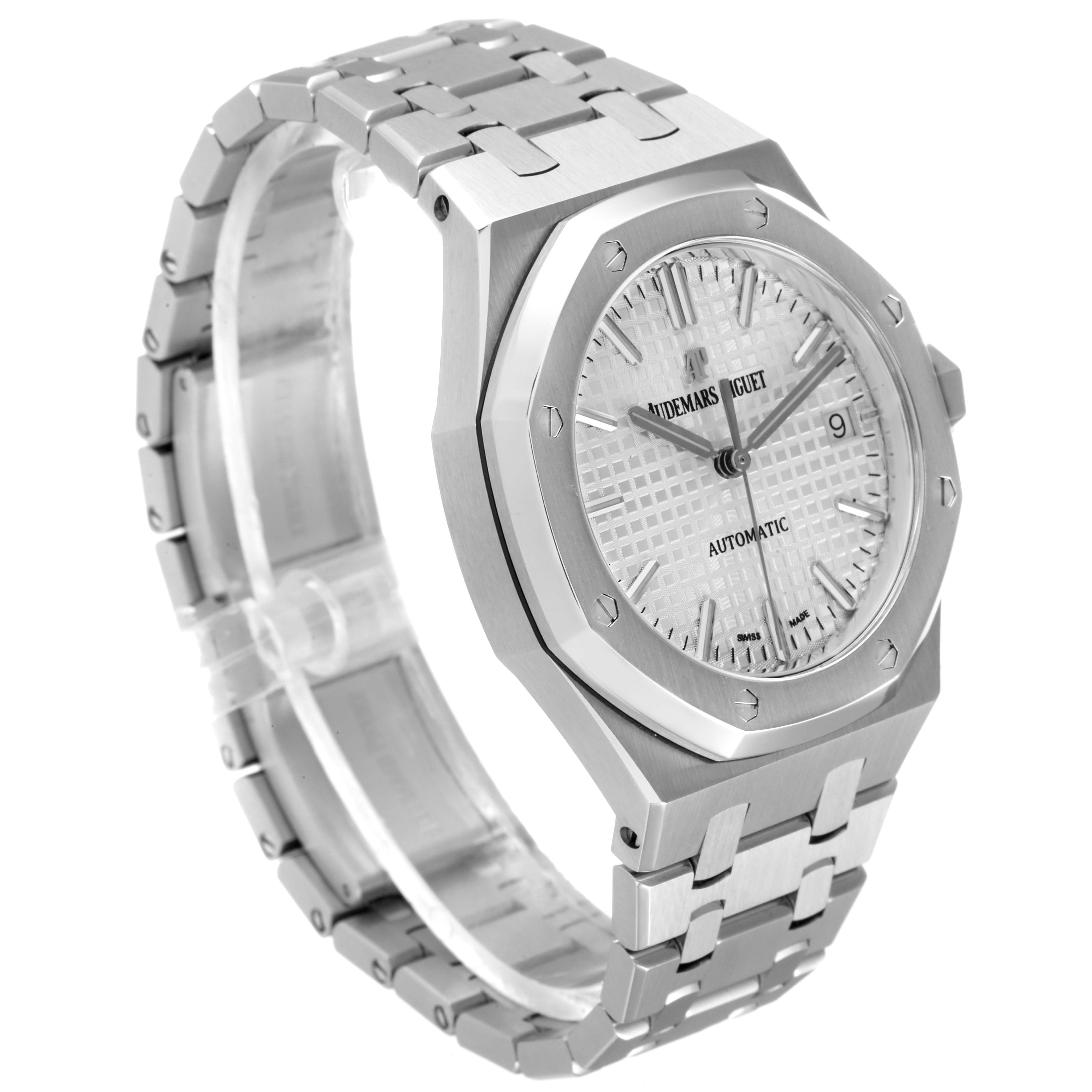 The image shows a side-angle view of the Audemars Piguet Royal Oak 15450ST.OO.1256ST.01 Men's Stainless Steel Silver Dial 15450ST.OO.1256ST.01 Men's Stainless Steel Silver Dial watch, highlighting the face, bezel, and bracelet.
