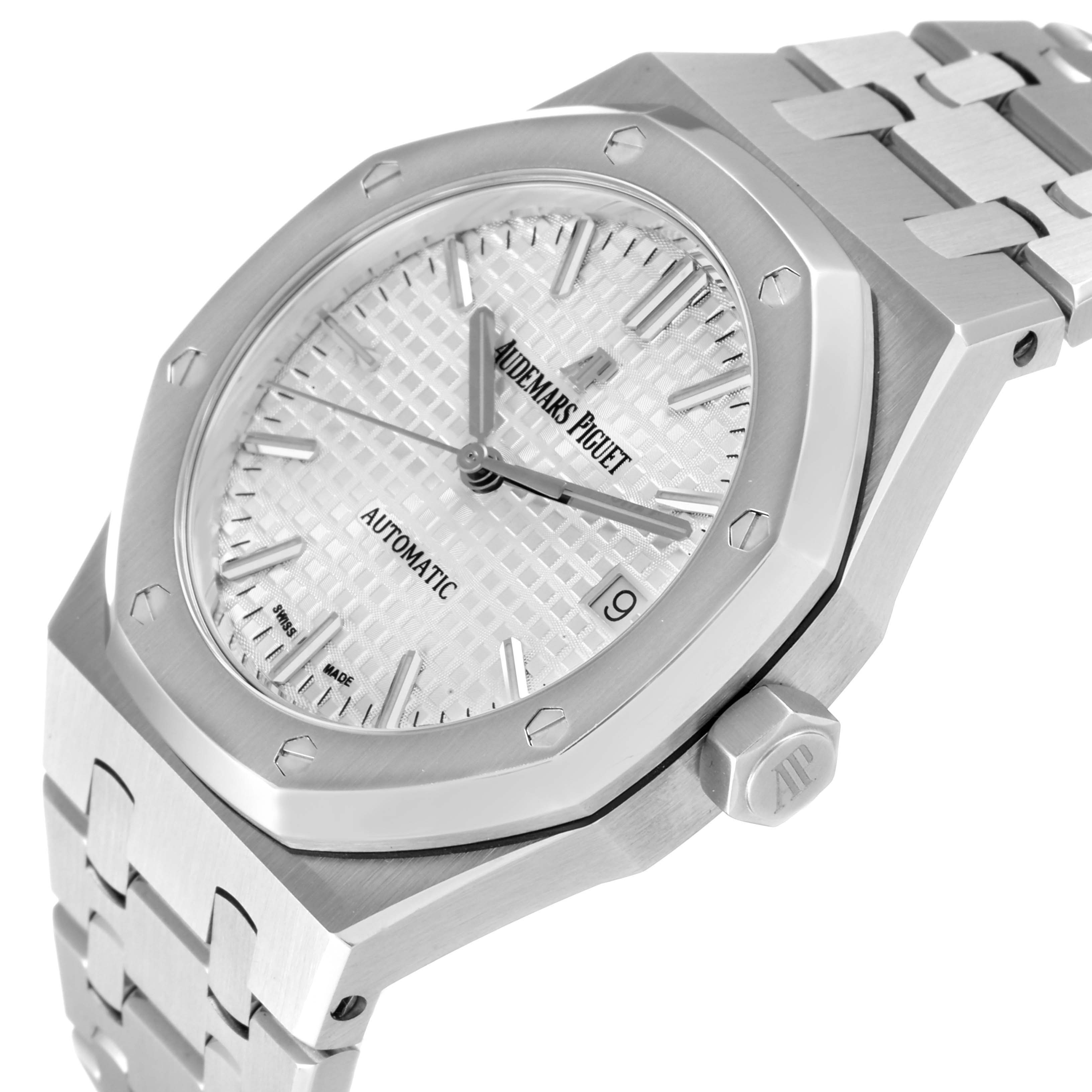 This image shows a side angle of the Audemars Piguet Royal Oak 15450ST.OO.1256ST.01 Men's Stainless Steel Silver Dial 15450ST.OO.1256ST.01 Men's Stainless Steel Silver Dial watch, focusing on its bezel, dial, crown, and part of the bracelet.