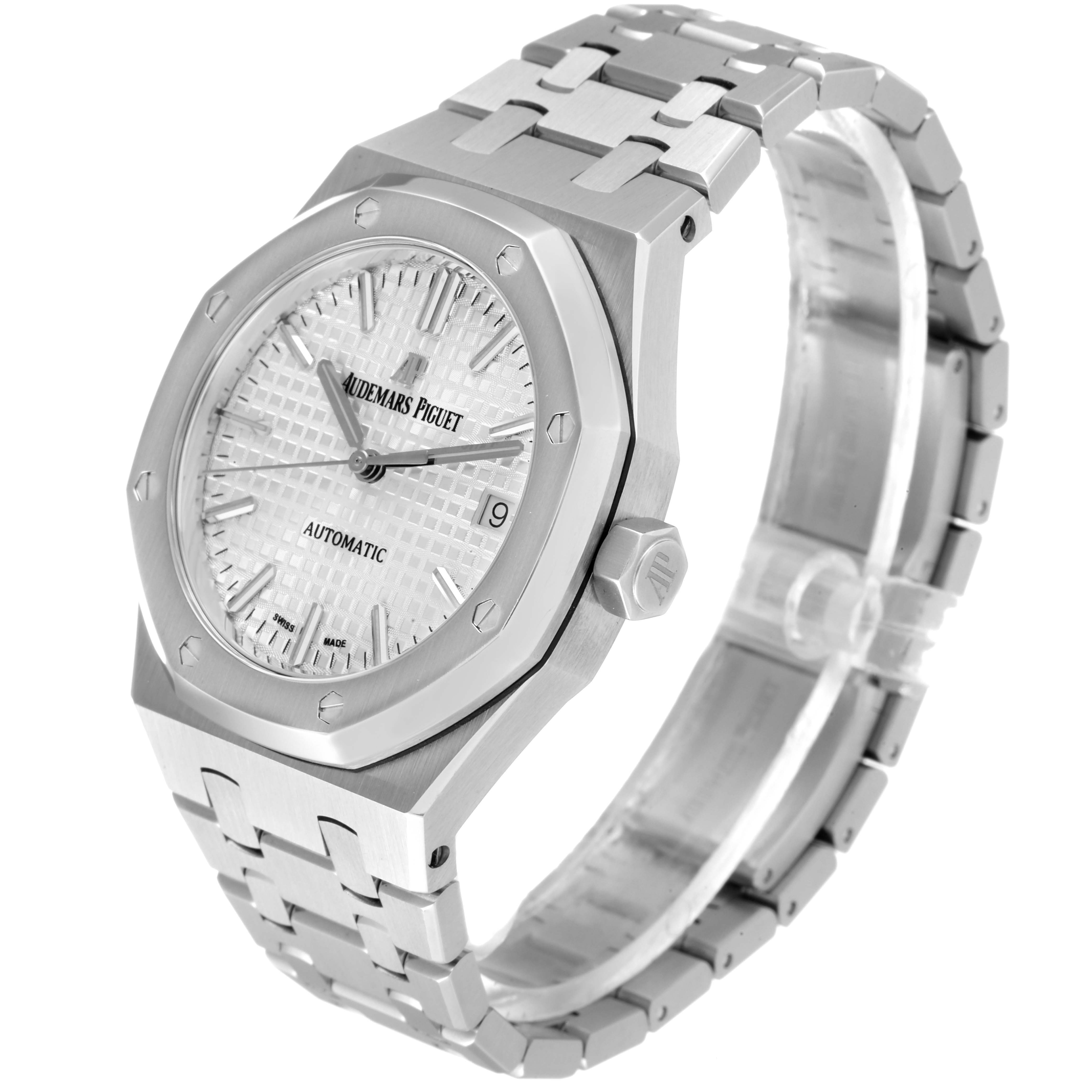 This image shows a front and side view of the Audemars Piguet Royal Oak 15450ST.OO.1256ST.01 Men's Stainless Steel Silver Dial 15450ST.OO.1256ST.01 Men's Stainless Steel Silver Dial watch, emphasizing the face, bezel, crown, and bracelet.