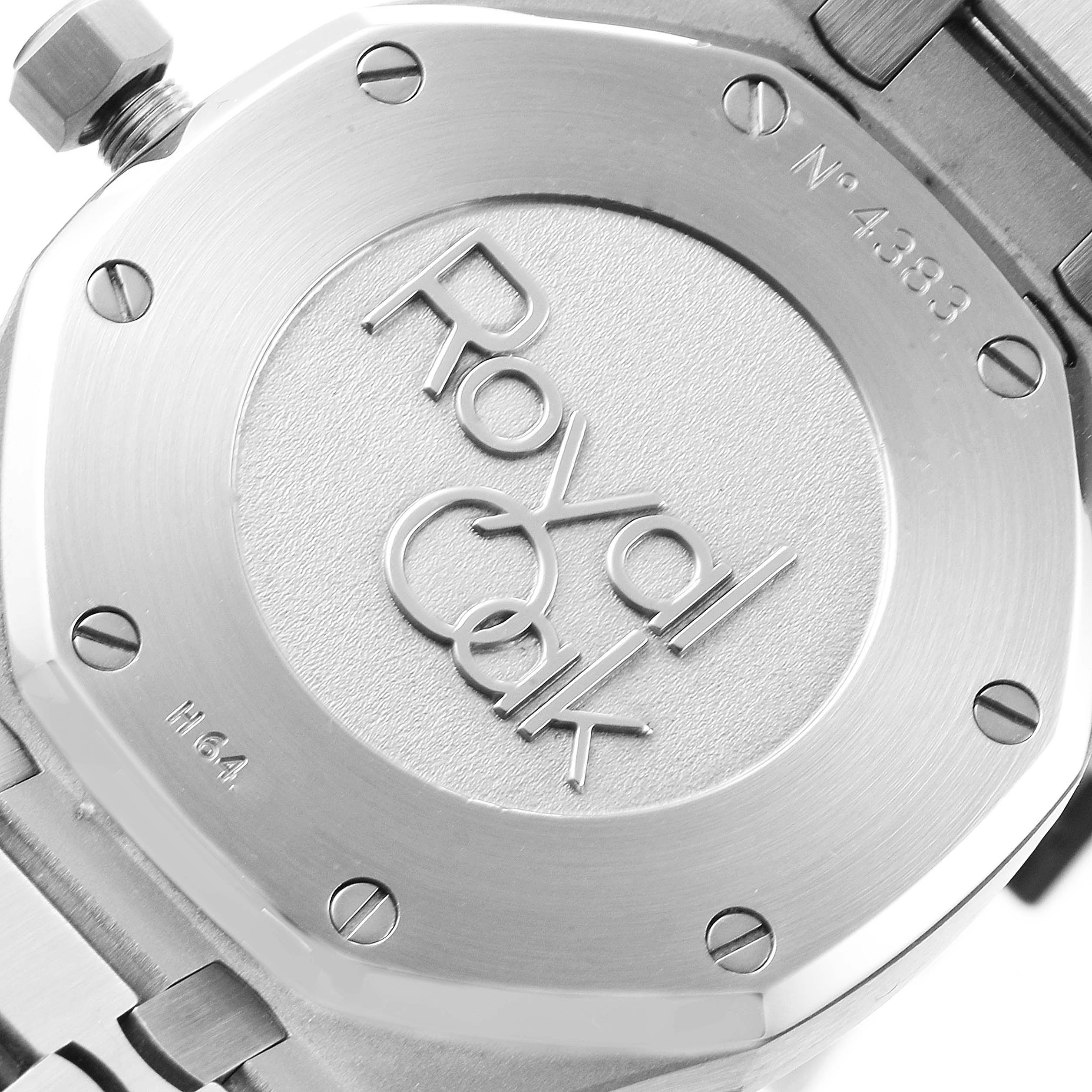 This is a close-up view of the case back of an Audemars Piguet Royal Oak 26120ST.00.1220ST.02 Men's Stainless Steel Blue Dial 26120ST.00.1220ST.02 Men's Stainless Steel Blue Dial watch.