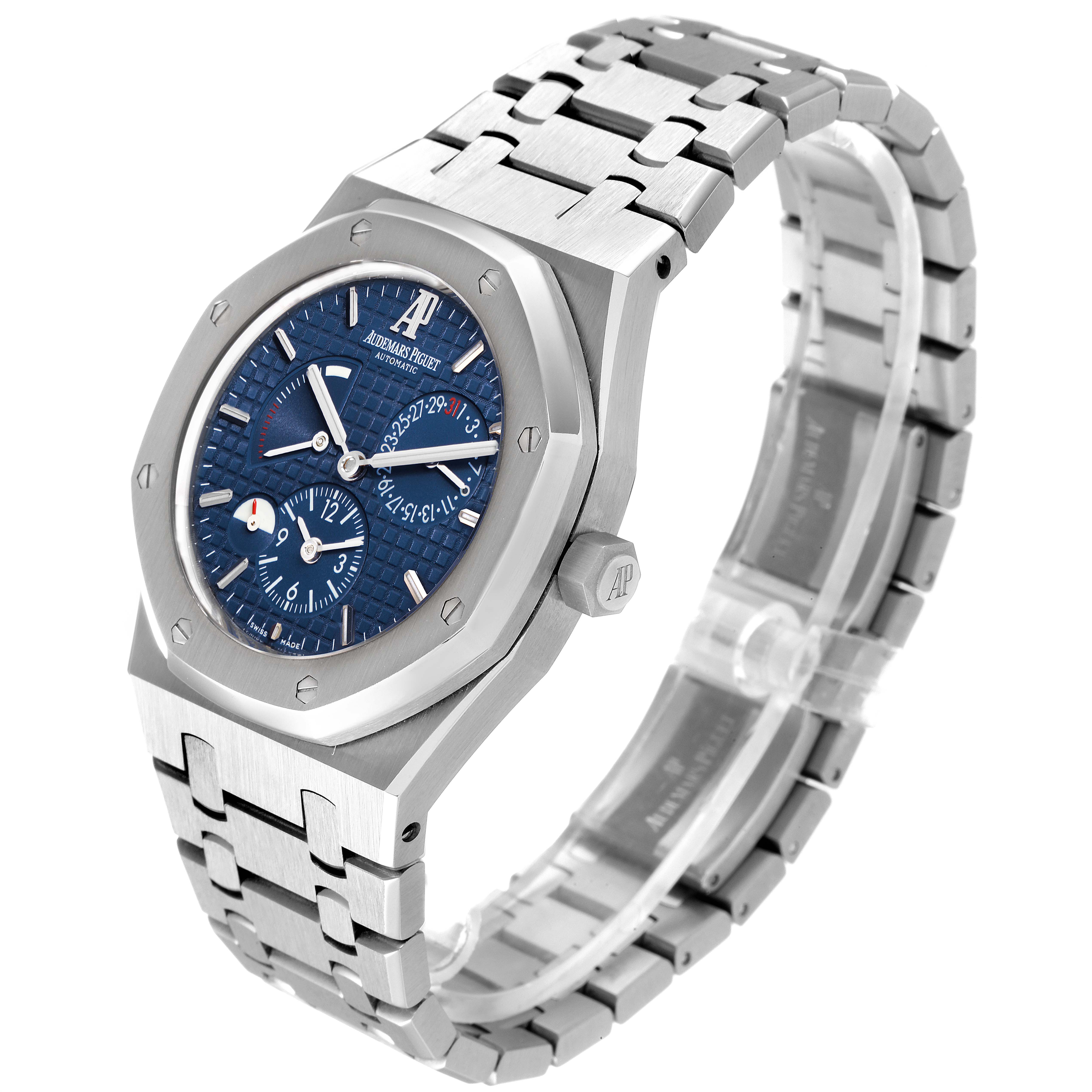 The image shows a side and front angle of the Audemars Piguet Royal Oak 26120ST.00.1220ST.02 Men's Stainless Steel Blue Dial 26120ST.00.1220ST.02 Men's Stainless Steel Blue Dial watch, highlighting its face, dial, bracelet, and crown.