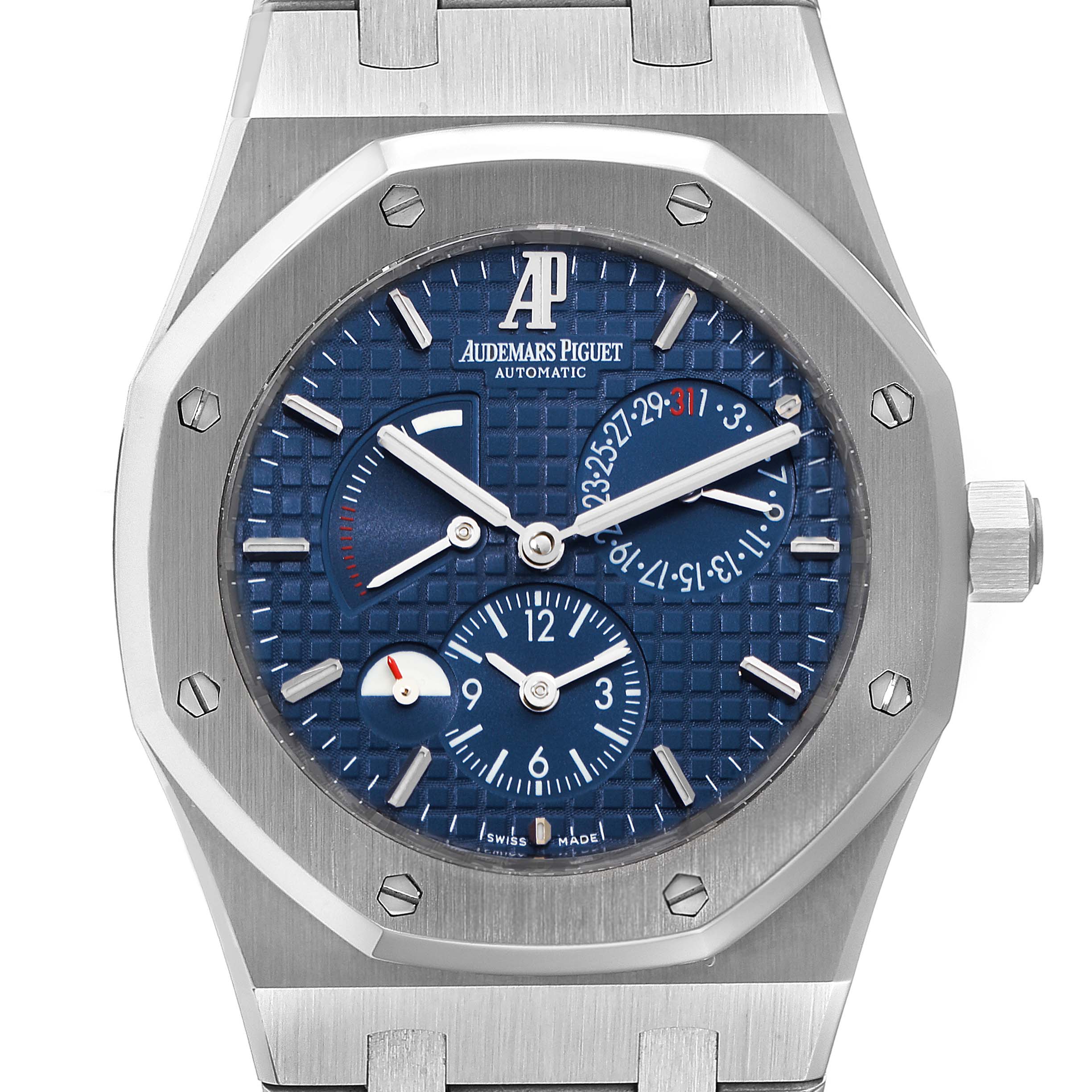 The image shows a close-up view of the Audemars Piguet Royal Oak 26120ST.00.1220ST.02 Men's Stainless Steel Blue Dial 26120ST.00.1220ST.02 Men's Stainless Steel Blue Dial watch, highlighting its blue dial and stainless steel case.