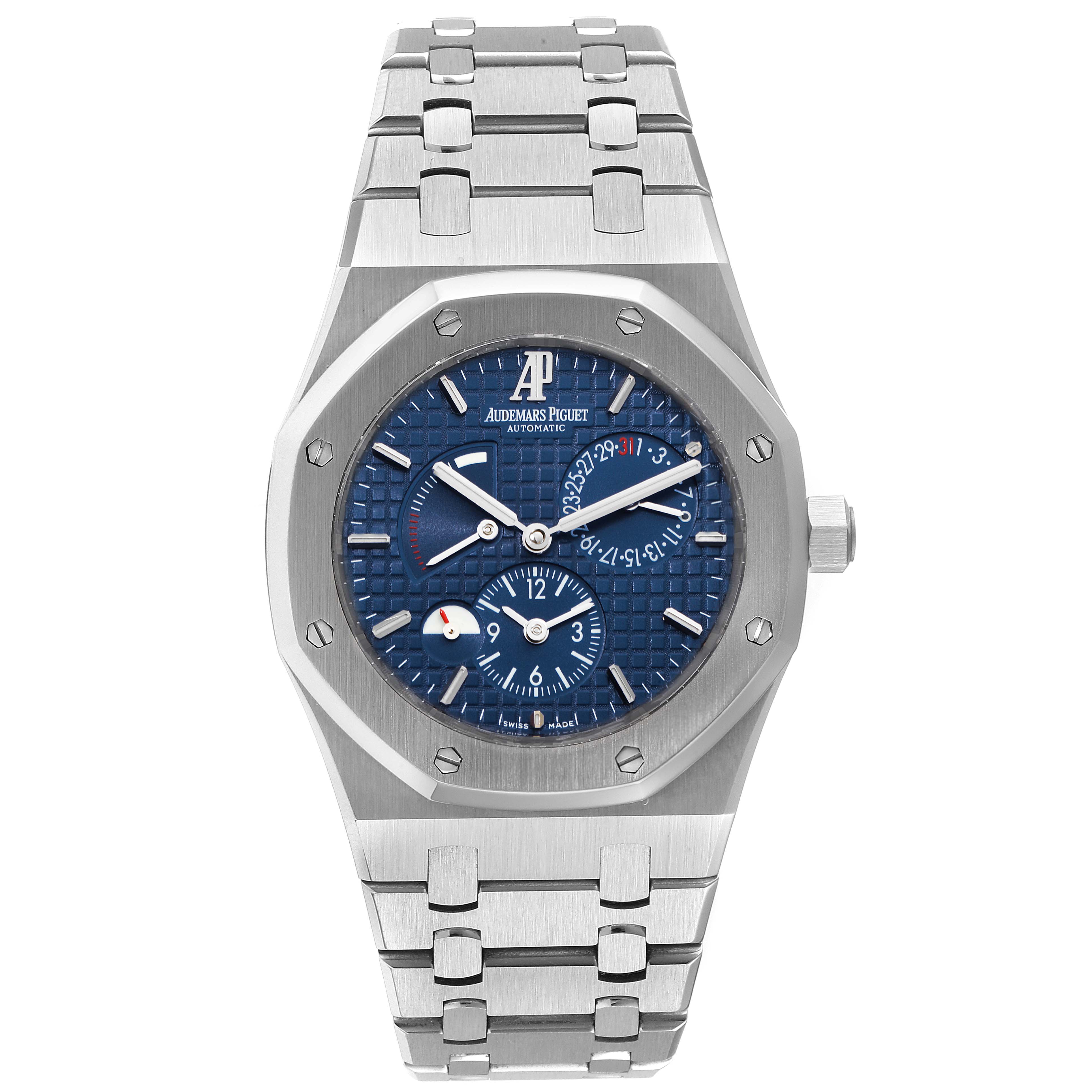 The image shows a front view of the Audemars Piguet Royal Oak 26120ST.00.1220ST.02 Men's Stainless Steel Blue Dial 26120ST.00.1220ST.02 Men's Stainless Steel Blue Dial watch, highlighting its dial, bezel, and bracelet.